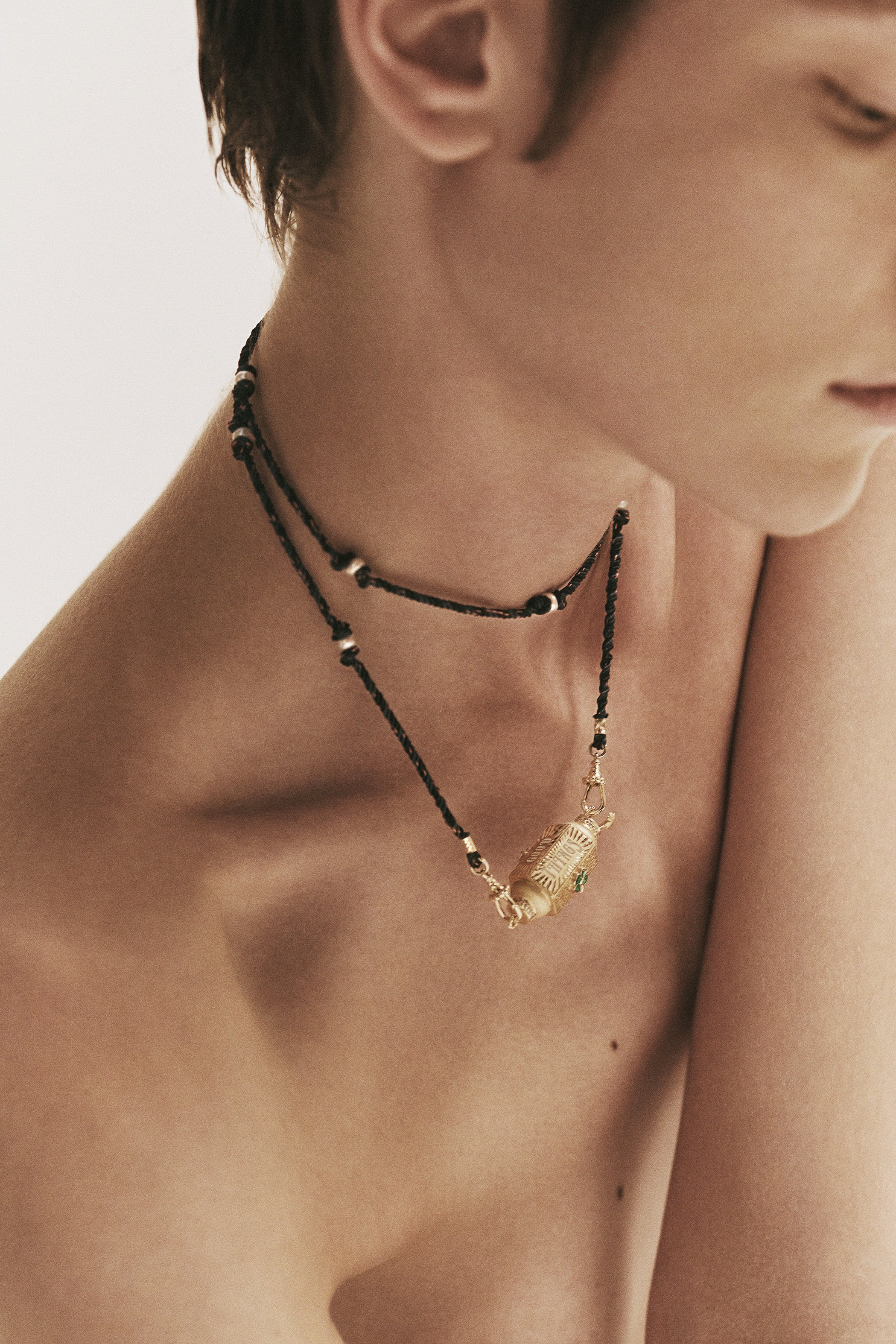 14k yellow gold good things comes to those that wait locket necklace pendant with diamonds and green clovers by Marie Lichtenberg Tiny Gods
