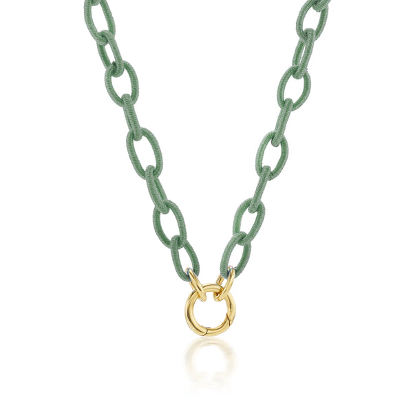 sage silk link necklace with yellow gold clasp by Anna Maccieri Rossi tiny Gods