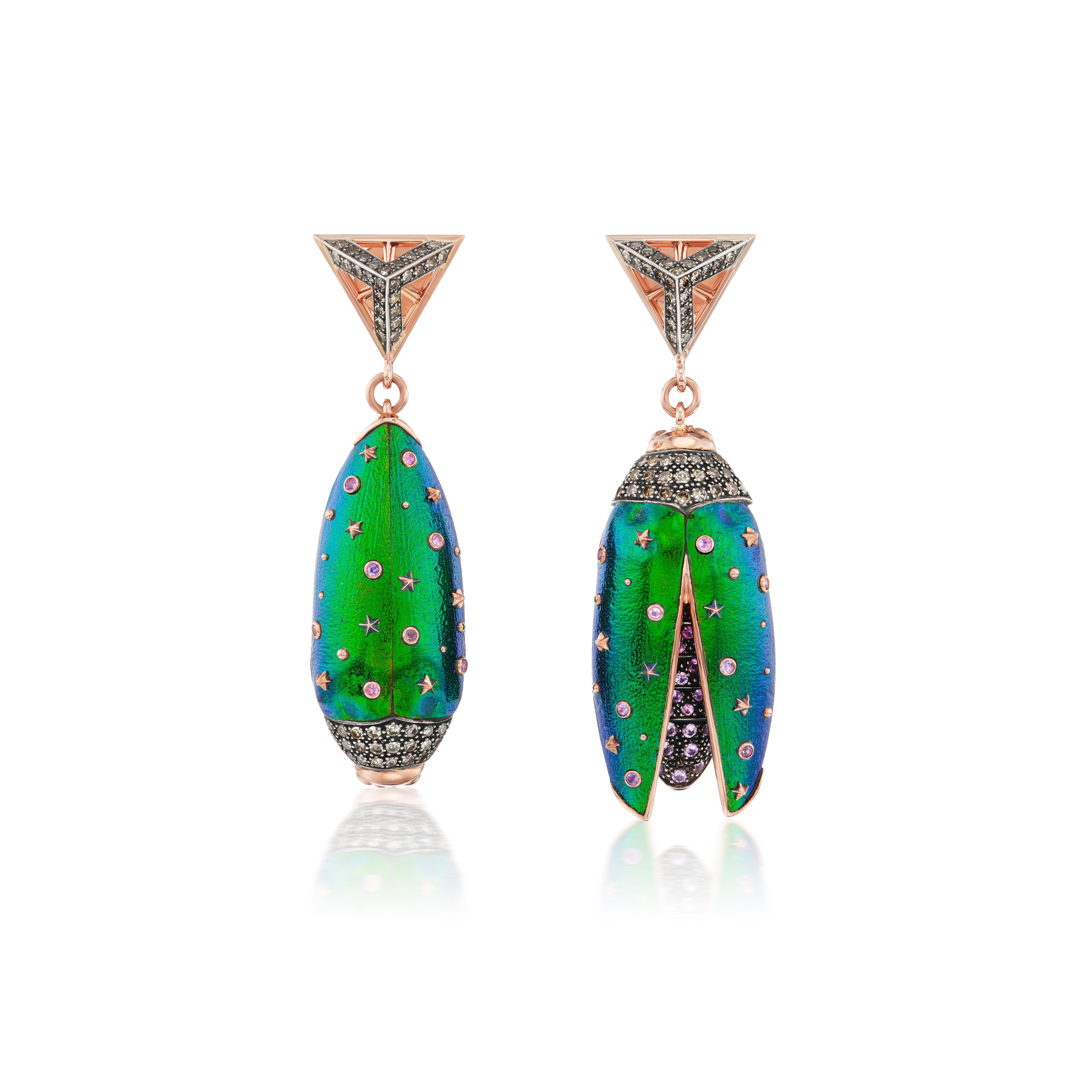 18k rose gold green up side down scarab earrings by Bibi Van Der Velden Tiny Gods