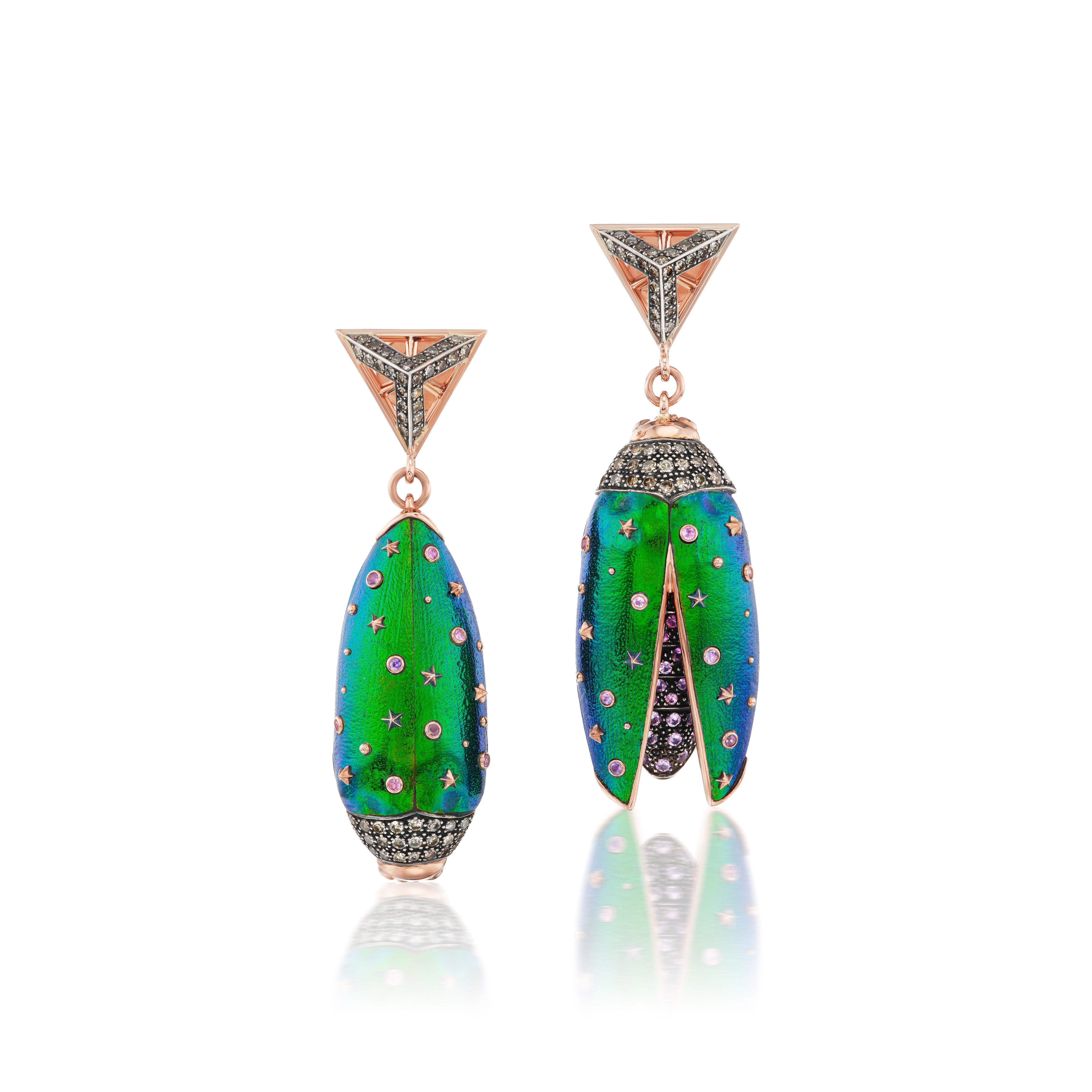18k rose gold diamond up side down sapphire scarab triangle blue green earrings by Bibi van der velden Tiny Gods