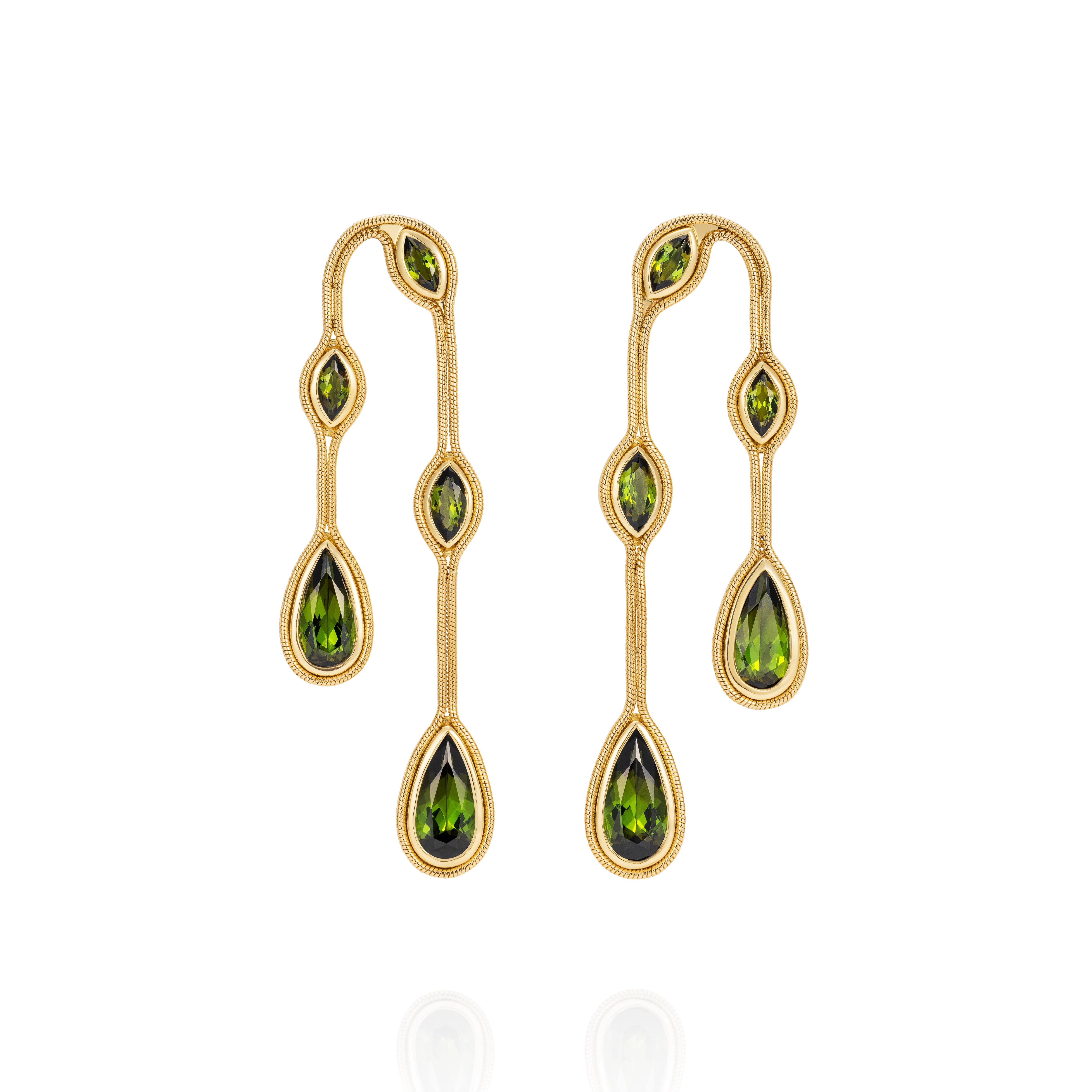 18k yellow gold fluid doubled drop earrings with green tourmaline encased in gold by Fernando Jorge Tiny Gods