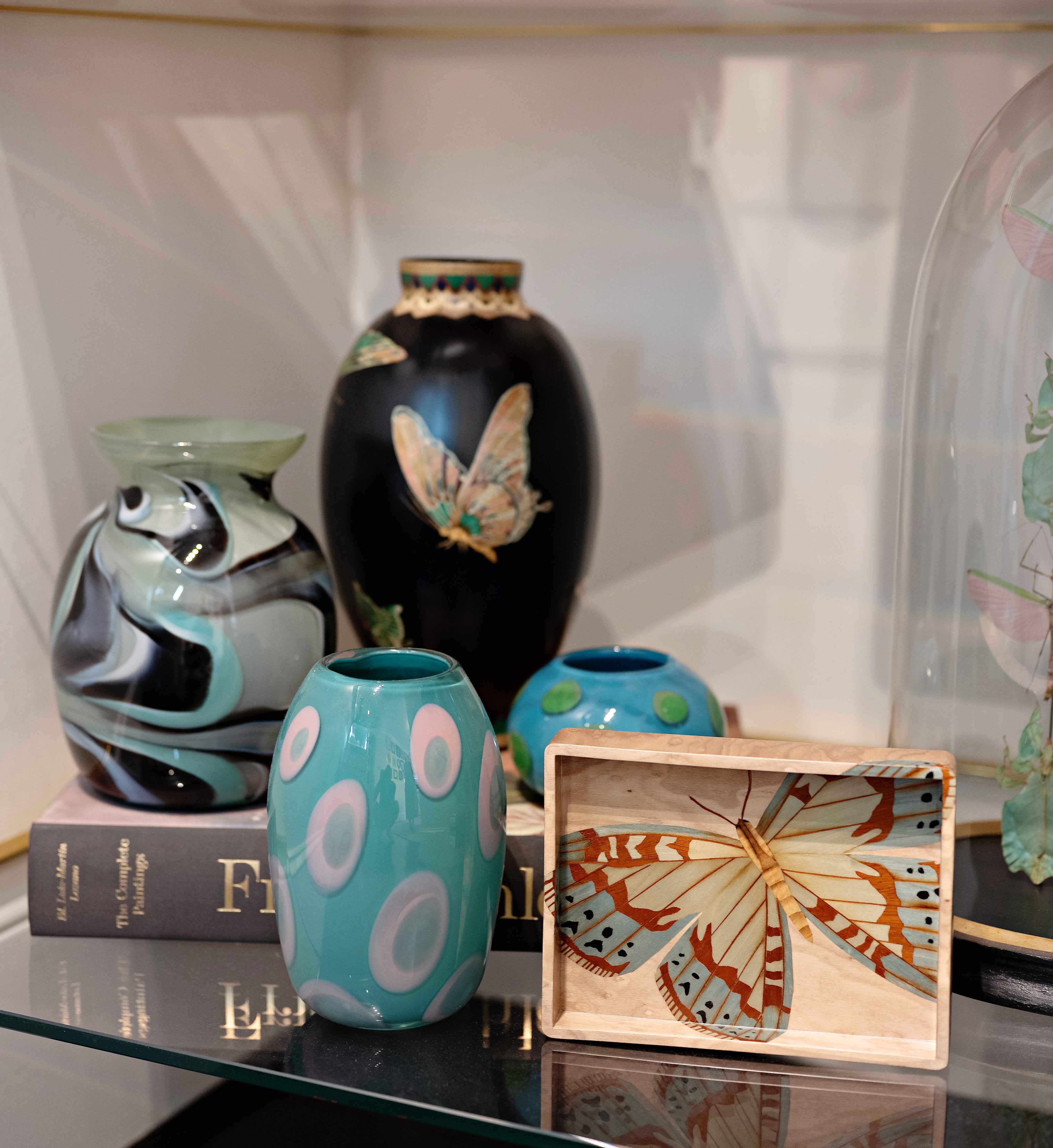 hand blown glass grey vase with black and teal swirls by Paul Arnhold Tiny Gods