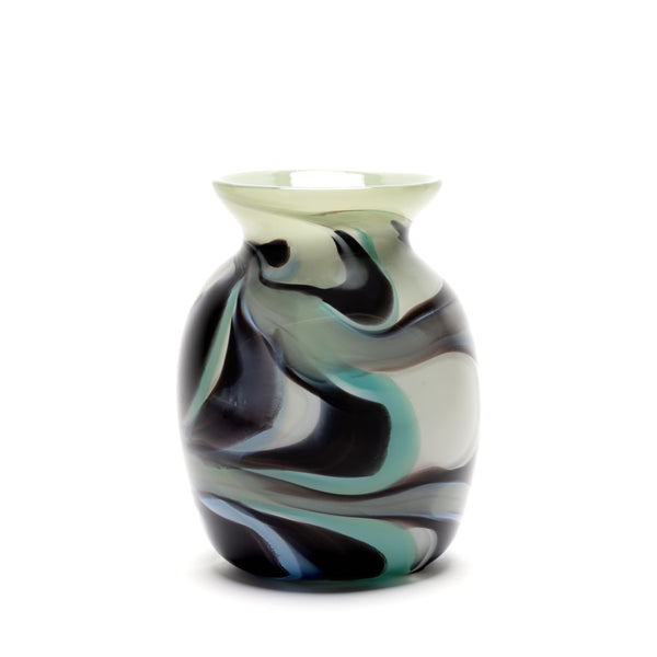 hand blown glass grey vase with black and teal swirls by Paul Arnhold Tiny Gods