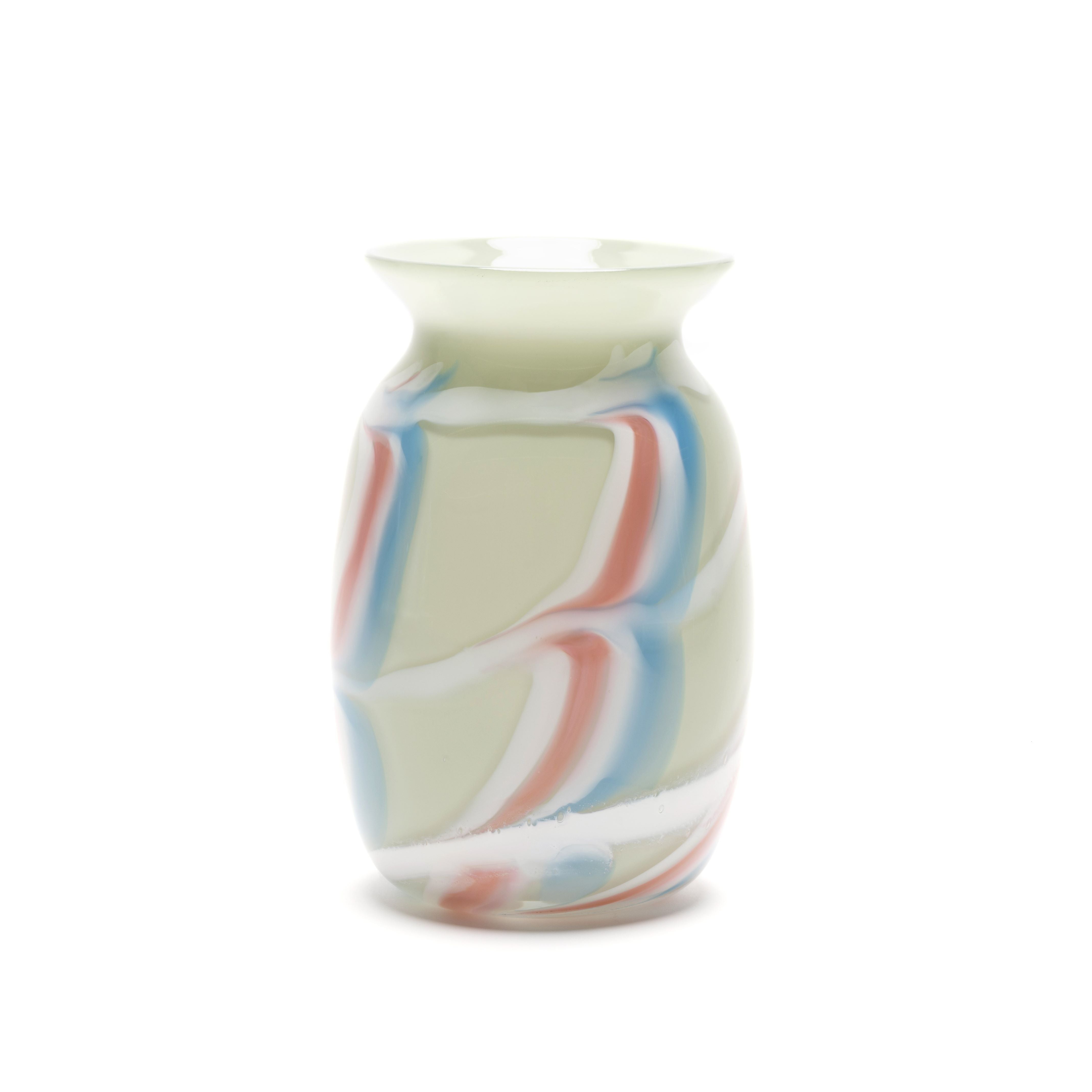 hand blown grey glass vase with pink white and light blue swirls by Paul Arnhold Tiny Gods
