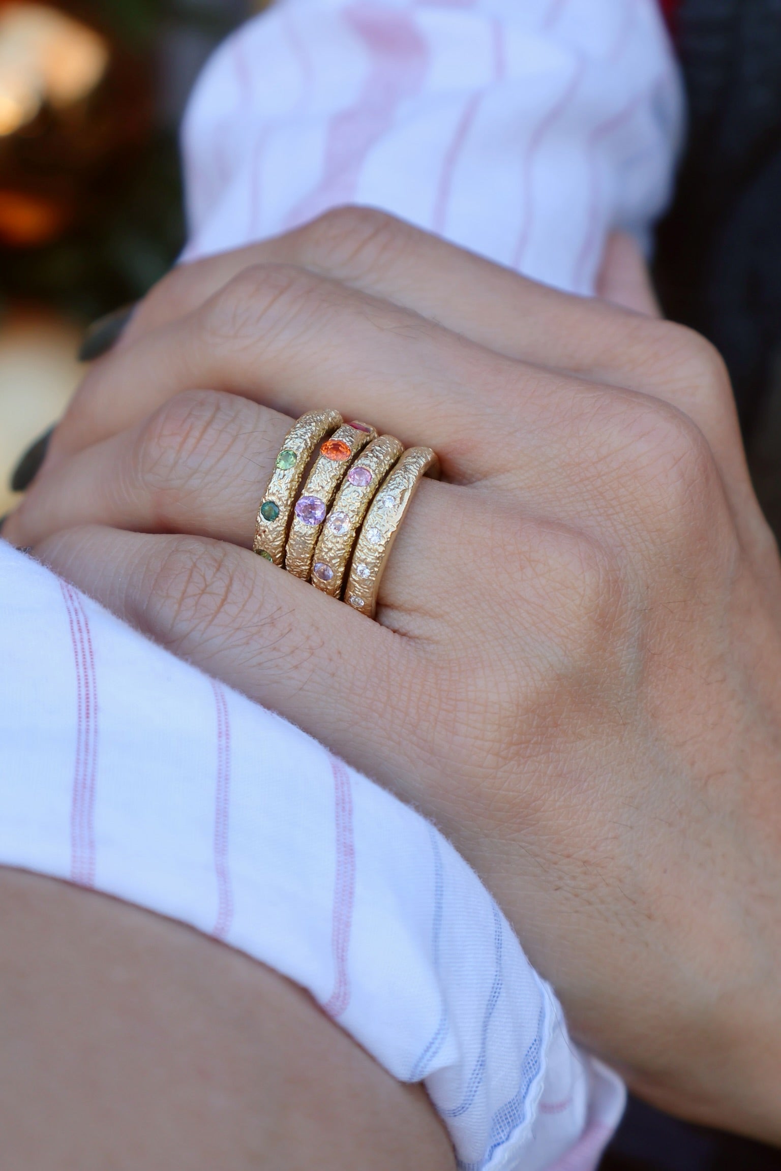 14k yellow gold Booka VI green sapphire hand hammered band ring by Rene Barnes Tiny Gods