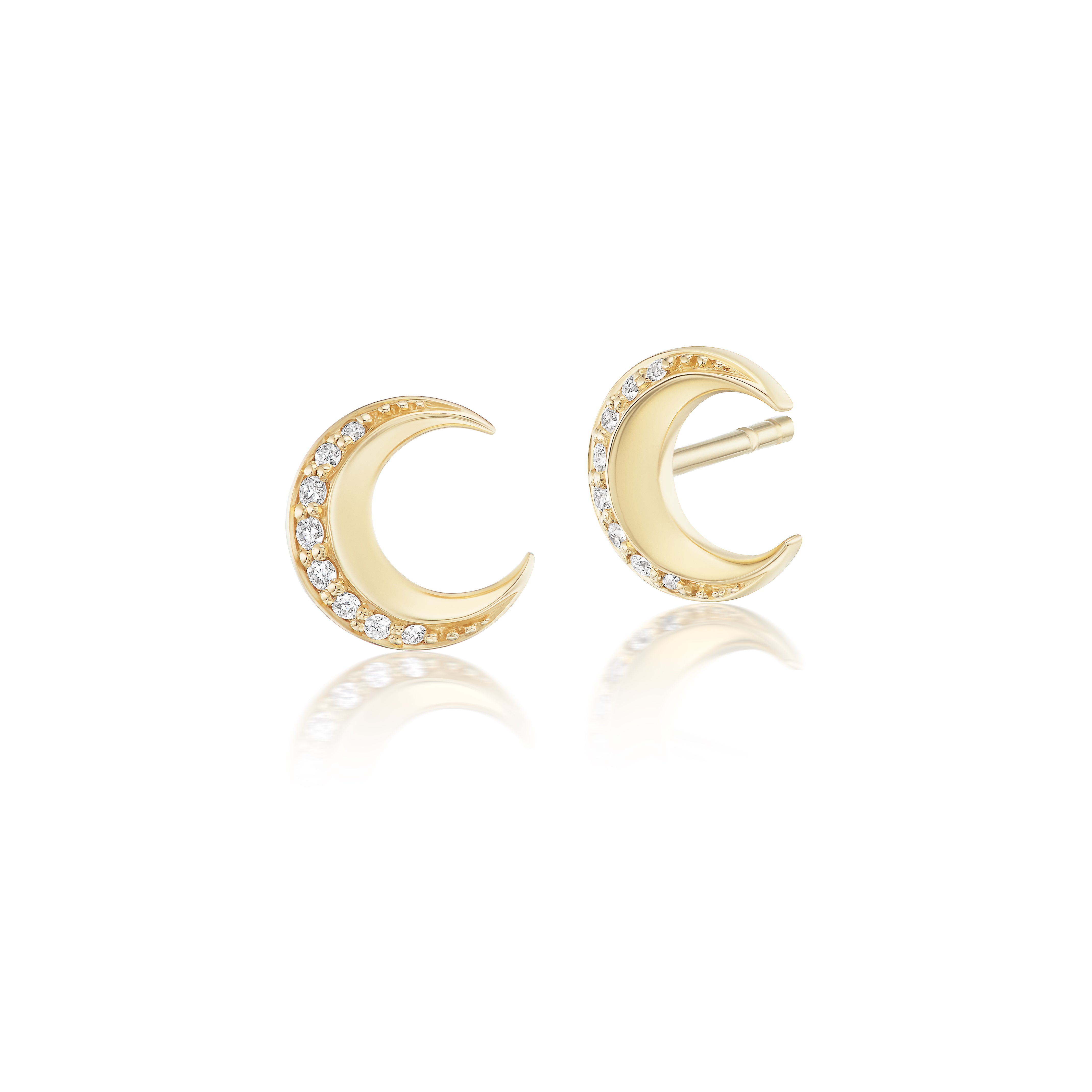 18k yellow gold tiny diamond moon studs by Harwell Godfrey Tiny Gods