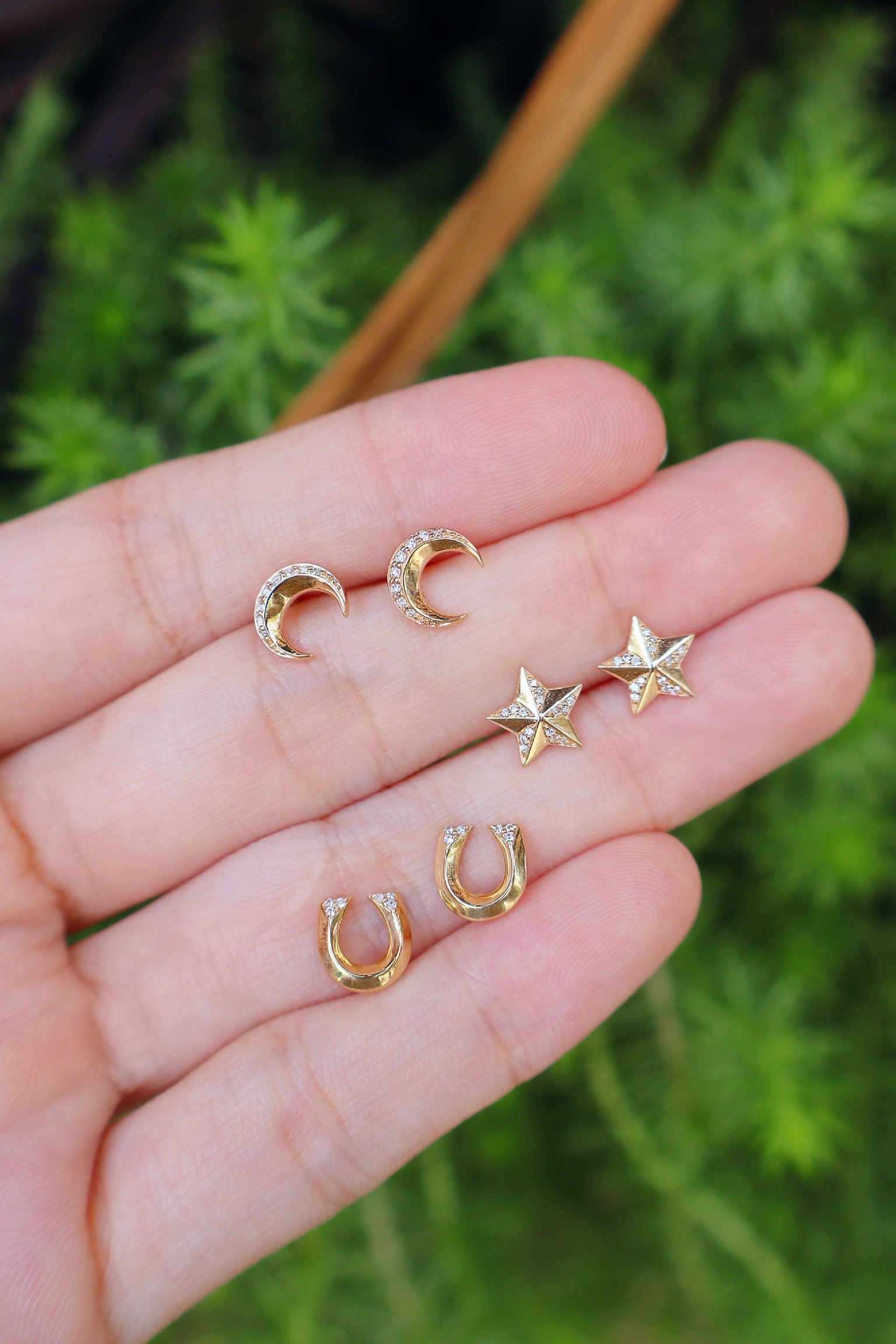 18k yellow gold tiny diamond star studs by Harwell Godfrey Tiny Gods