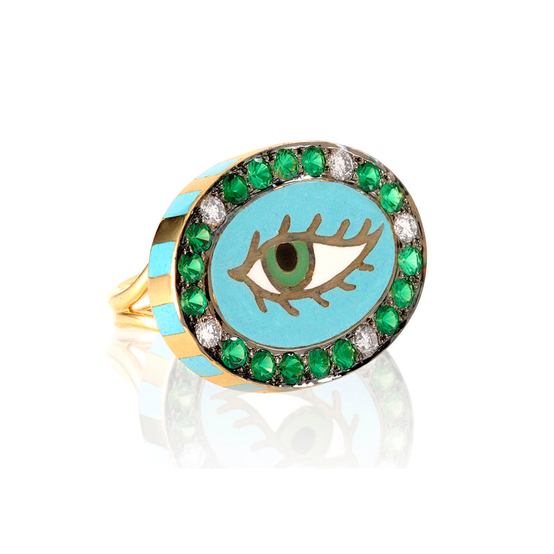 18k yellow gold turquoise and green enamel eye ring with diamonds and tsavorites by Holly Dyment Tiny Gods