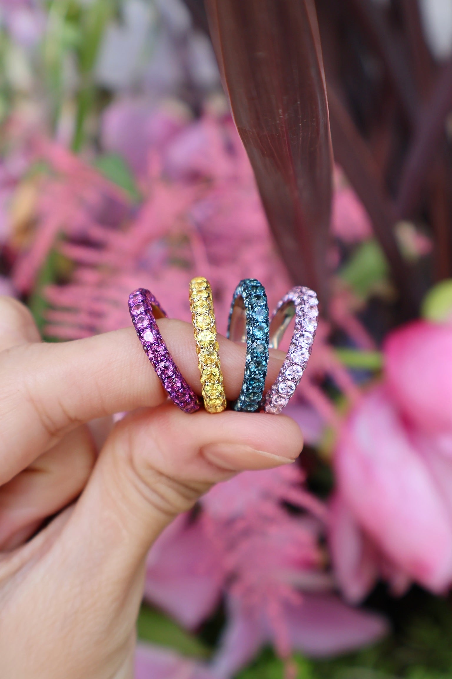 18k white gold three sided pink sapphire ring with pink rhodium by graziela tiny gods