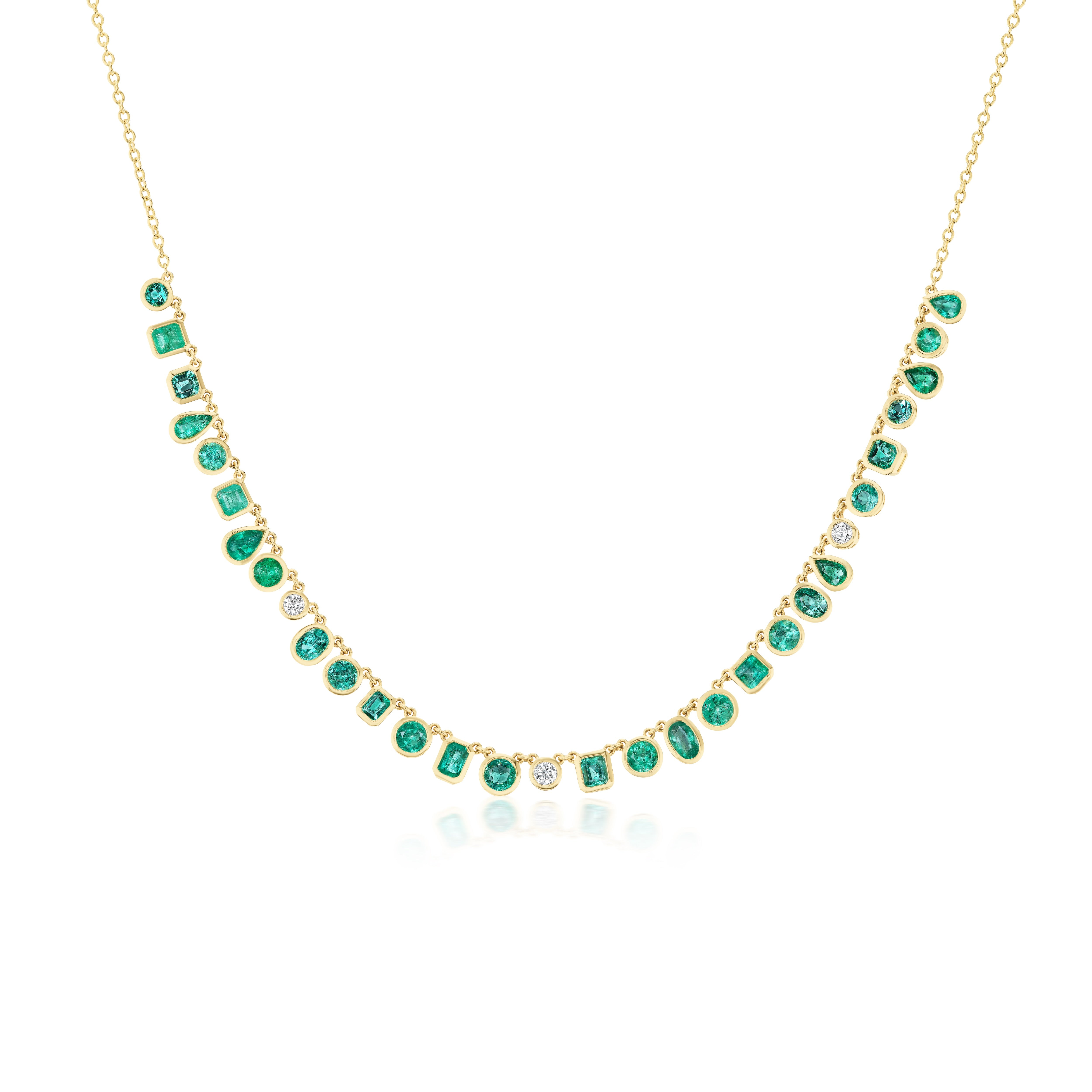 18k yellow gold multi cut emerald and diamond bezel floating dangle charm necklace Tiny Gods