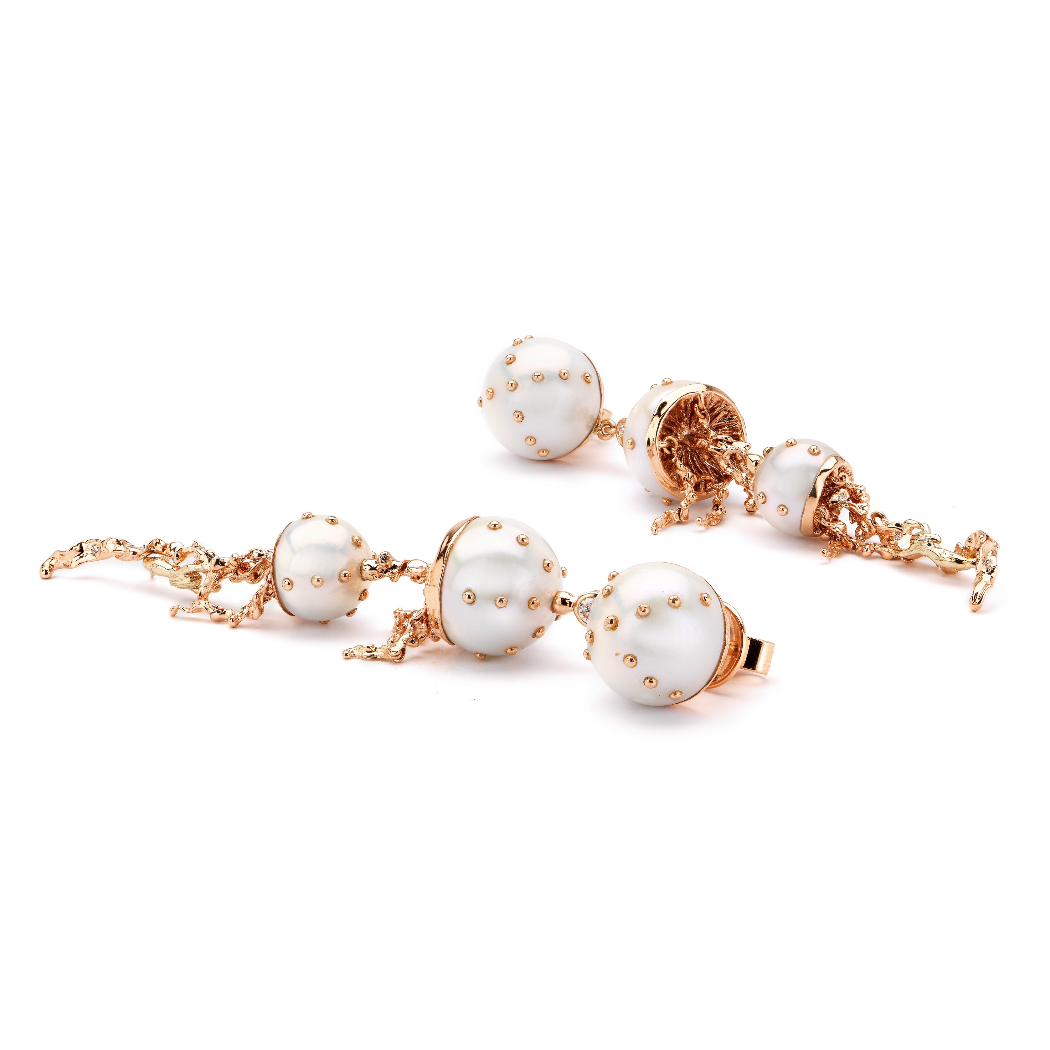 18k rose gold white pearl jellyfish drop earrings with diamonds by Bibi van der Velden Tiny Gods