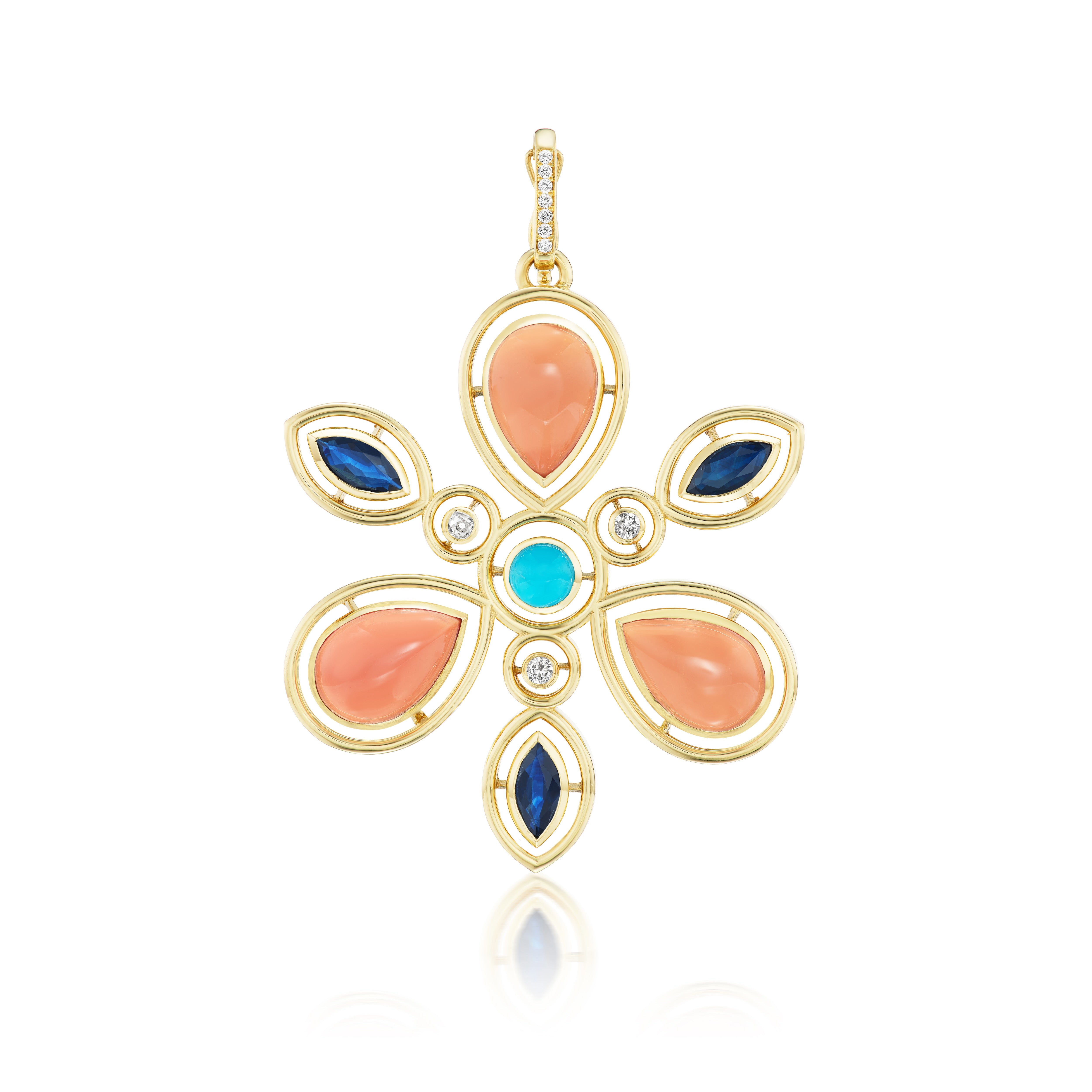 18k yellow gold Coral Celtic Flower Pendant turquoise blue sapphire diamond blossom charm tiny gods