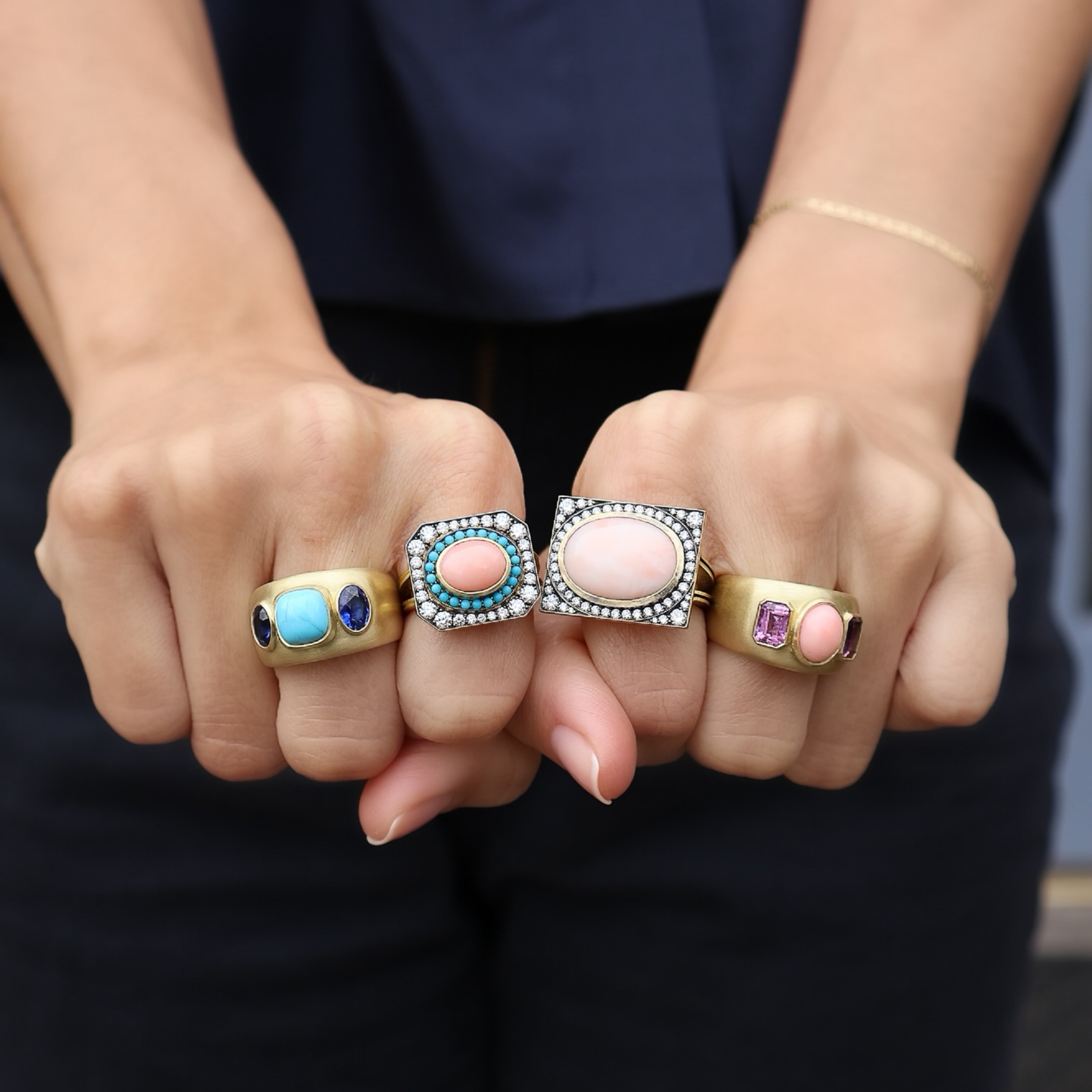 Jenna Blake three stone coral pink sapphire tiny gods ring
