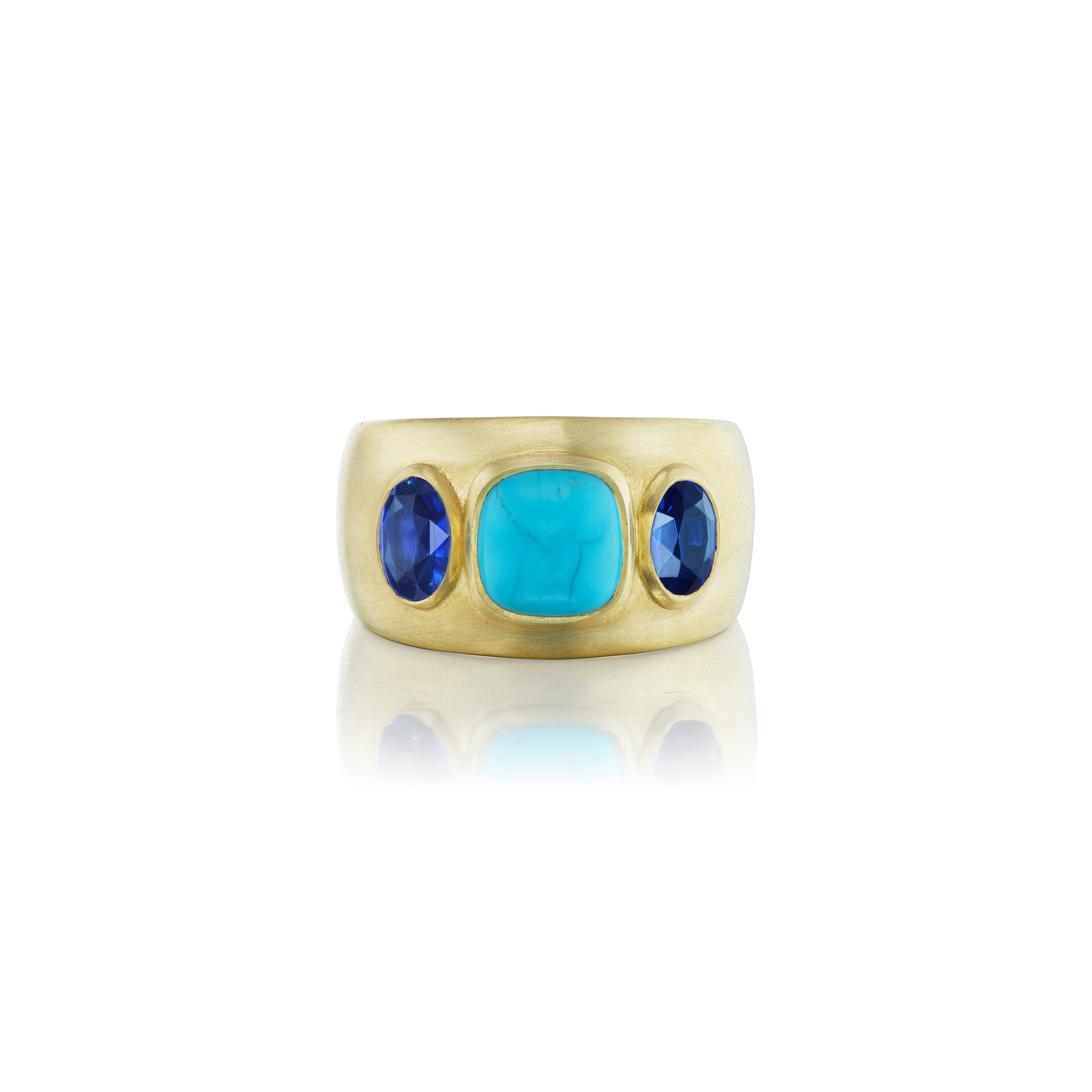 18k yellow gold turquoise and blue sapphire three stone ring by Jenna Blake Tiny Gods