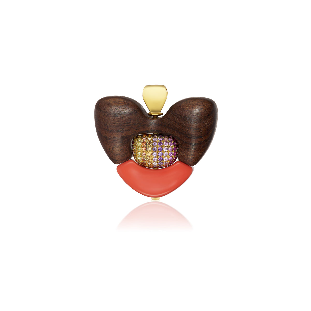 18k yellow gold heart totem pendant charm wood coral rainbow sapphires by Joelle Kharrat Tiny Gods