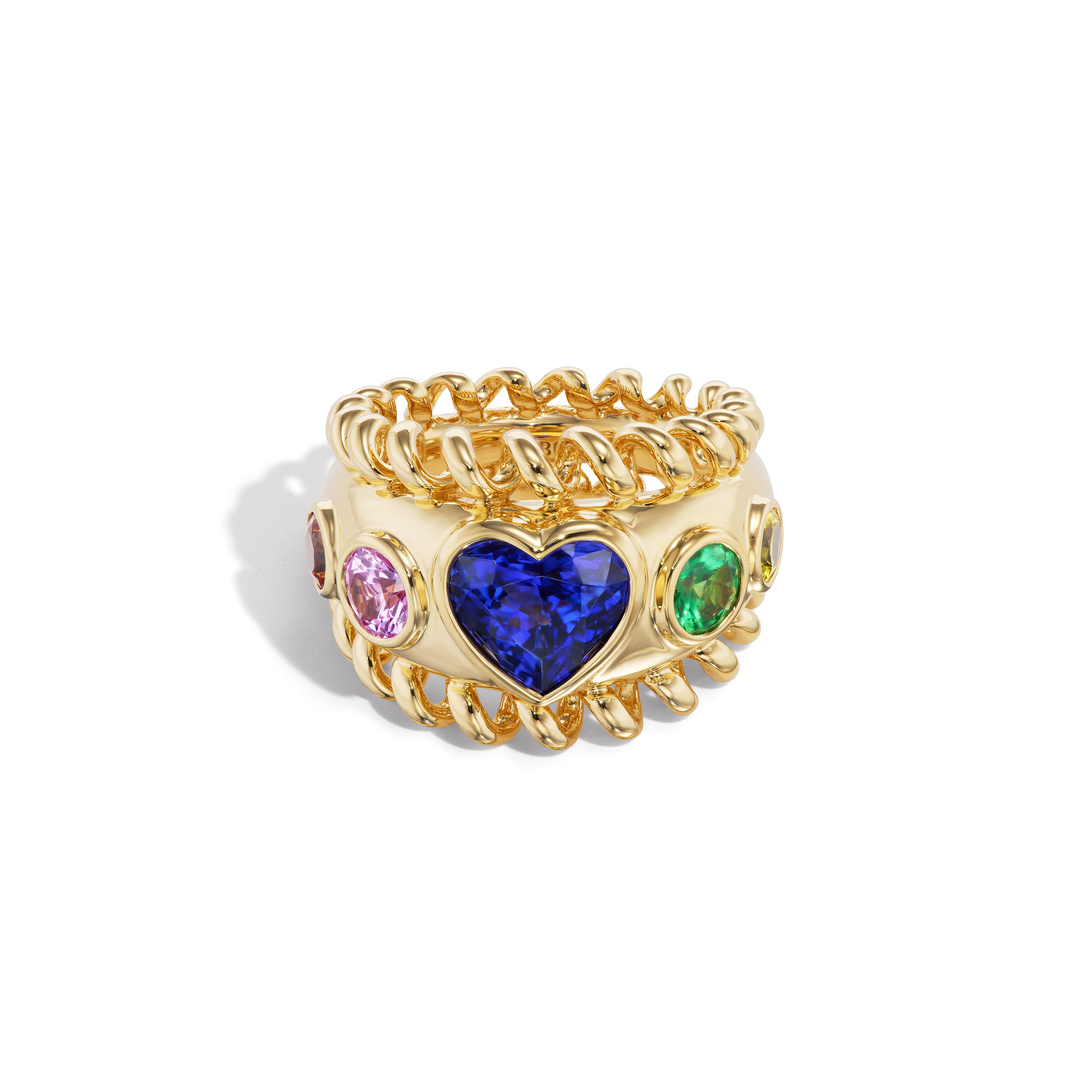 18k yellow gold jumbo slinkee tanzanite heart ring with sapphires by Boochier Tiny Gods
