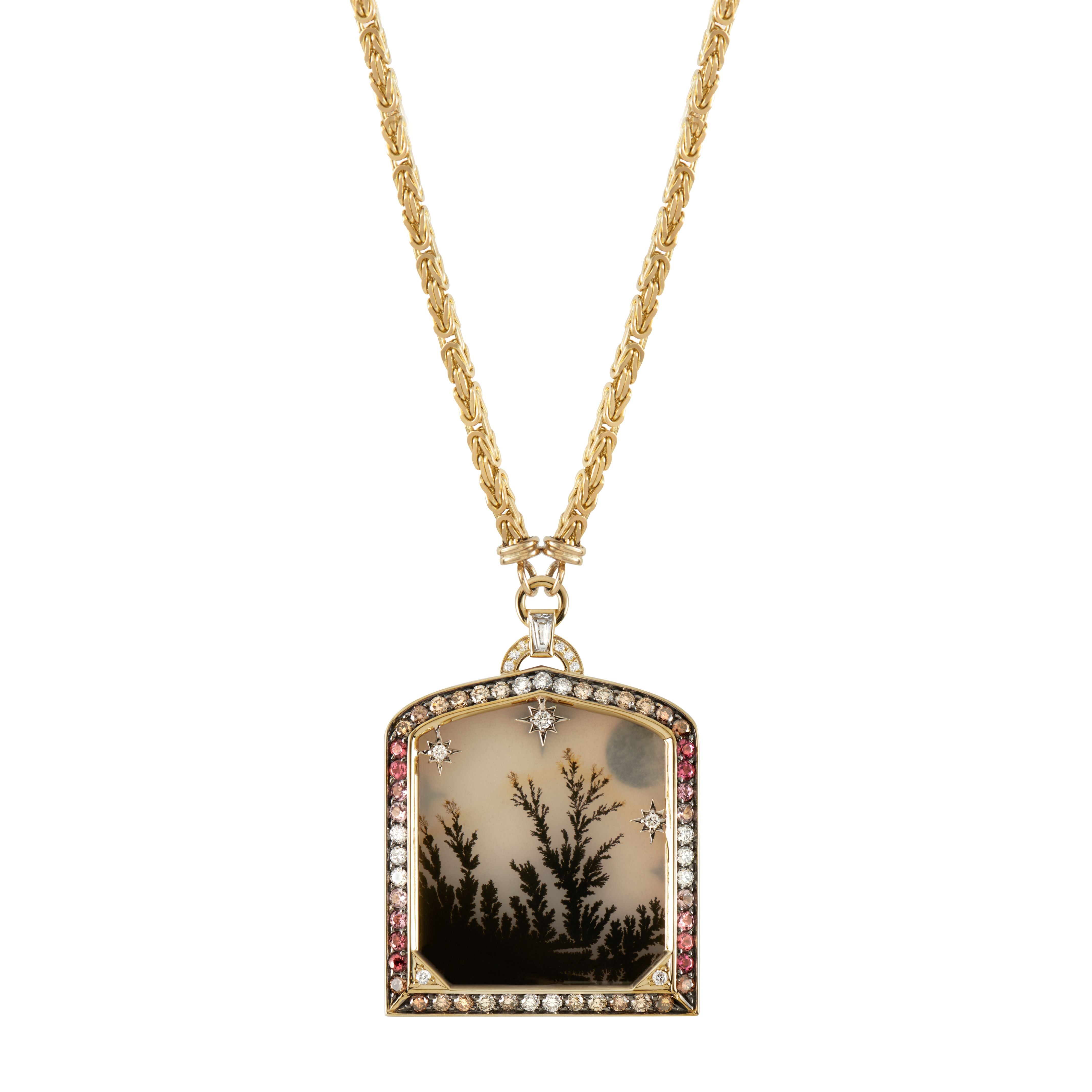 18K yellow gold diamond landscape Agate Karya pendant Necklace by Eurgenie Niarchos Venyx Fine Jewelry Tiny Gods