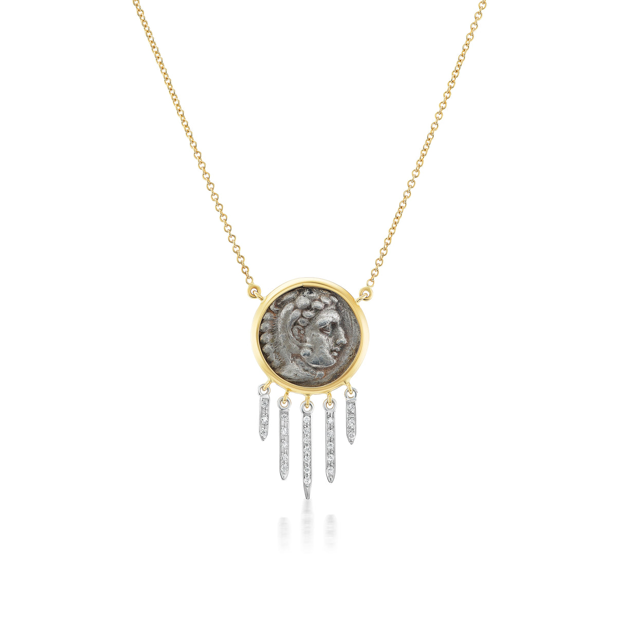 14k yellow gold roman coin pendant diamond fringe by Kiaia Tiny Gods
