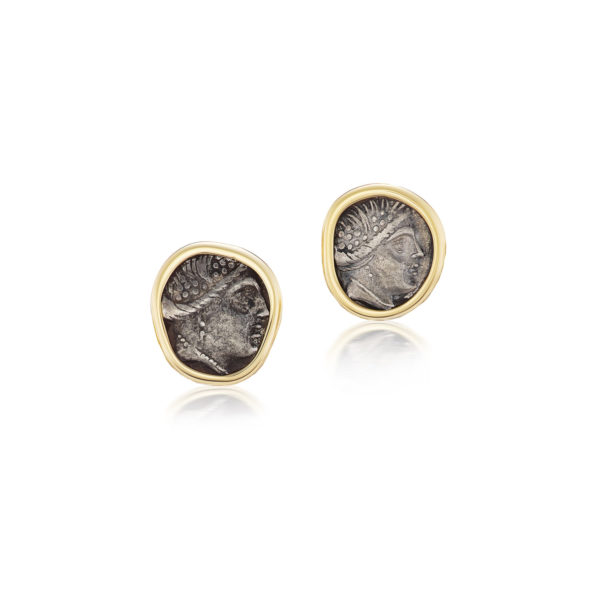 14k yellow gold roman coin fringe drop earrings removable stud with diamond jacket by Kiaia Tiny Gods