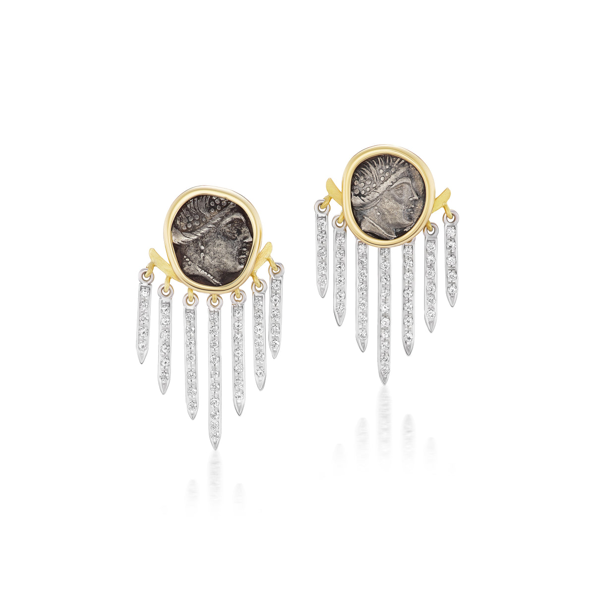 14k yellow gold roman coin fringe drop earrings removable stud with diamond jacket by Kiaia Tiny Gods