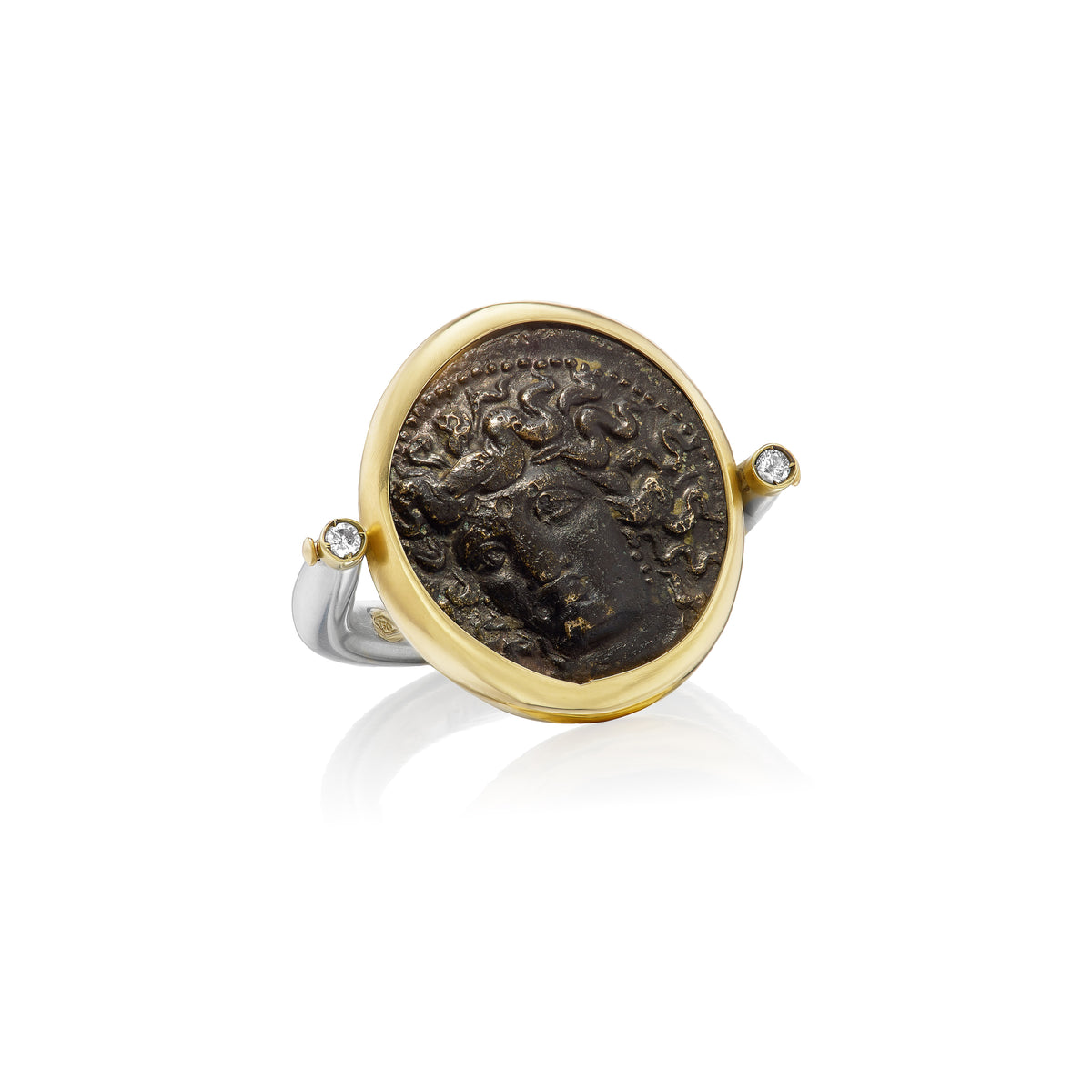 18k yellow gold and sterling silver nymph larissa swivel flip ring with a 4-3 century BC Thessaly bronze coin horse prancing ring by Kiaia Tiny Gods