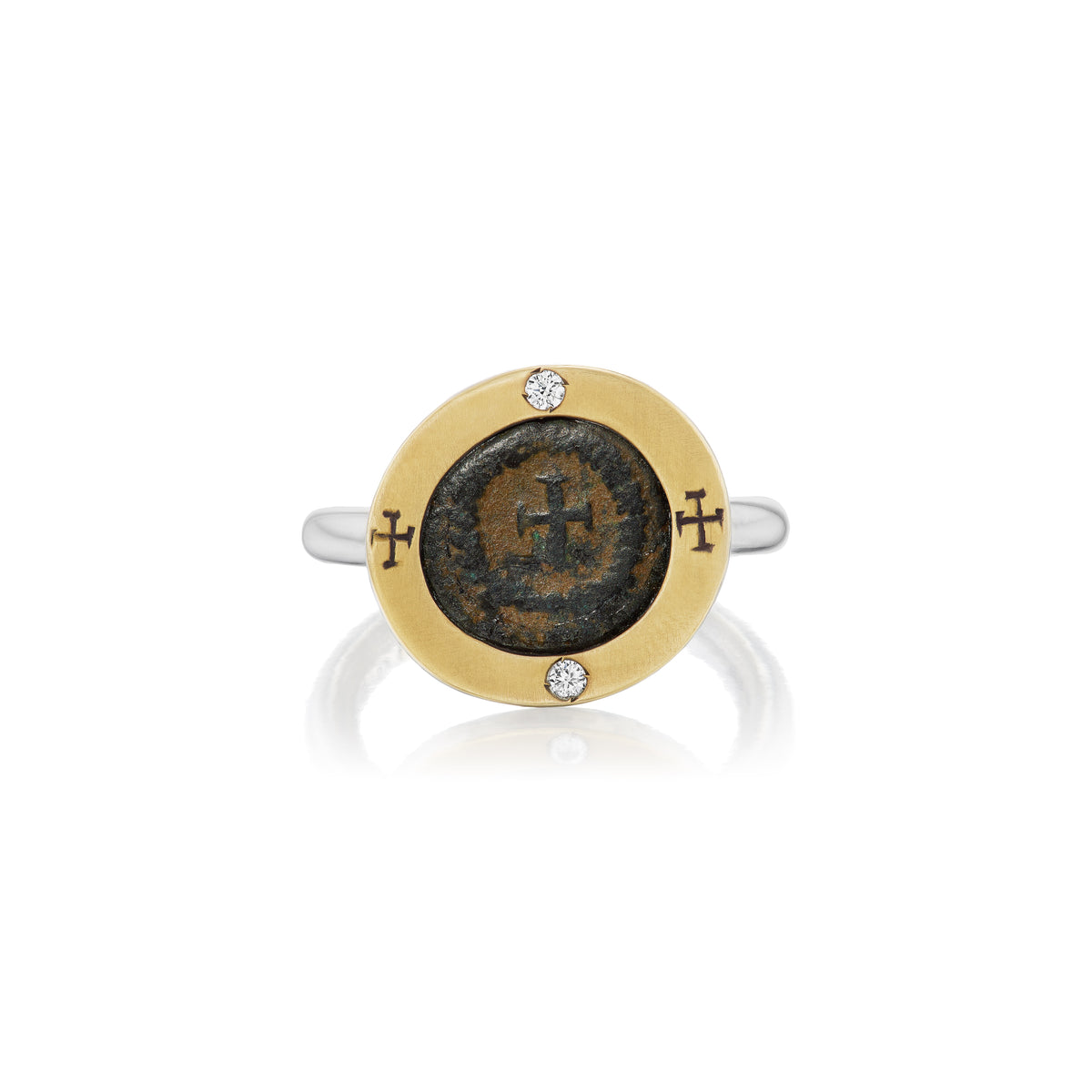 18k yellow gold and sterling silver roman coin byzantine cross ring by Kiaia Tiny Gods