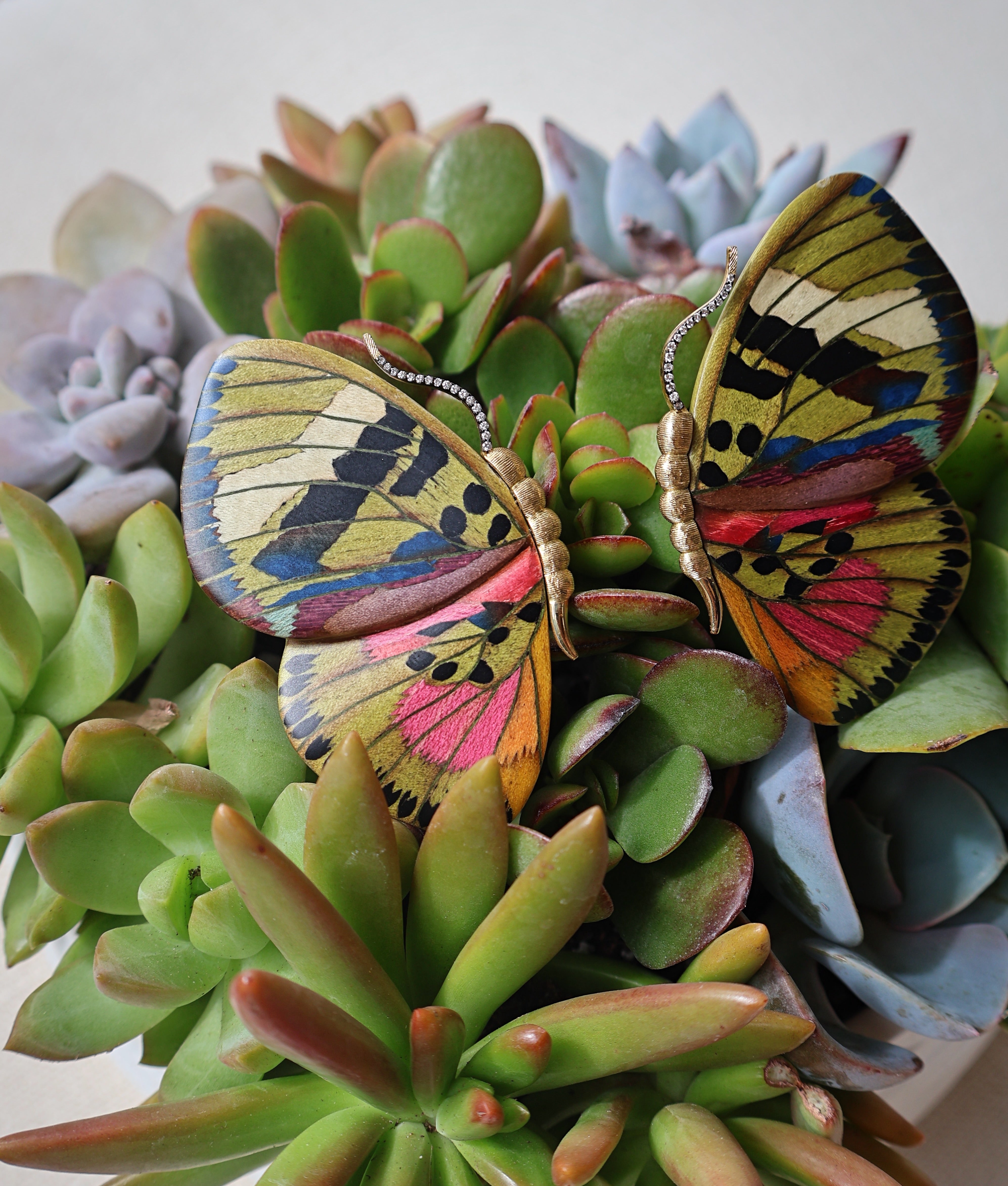 18k yellow gold green and pink mixed color butterfly wing large earrings marquetry by Silvia Furmanovich Tiny Gods