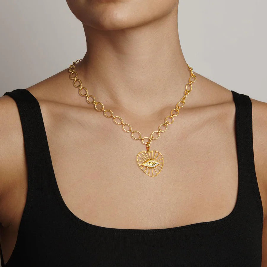 18k yellow gold diamond evil eye large heart radial pendant by Christina Alexiou Tiny Gods