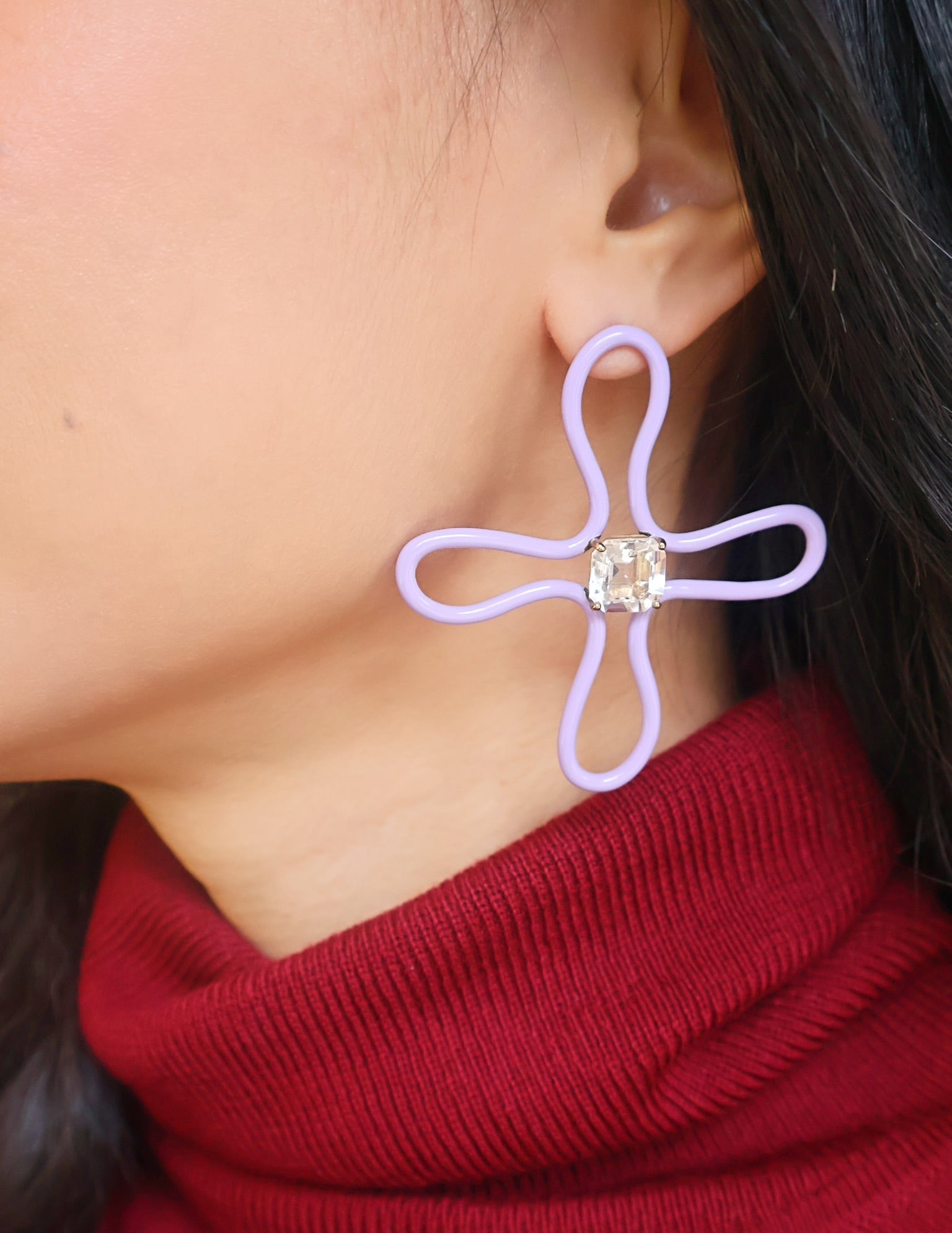 9k yellow gold with lavender enamel rock crystal lucky flower power hoops by Bea Bongiasca Tiny Gods