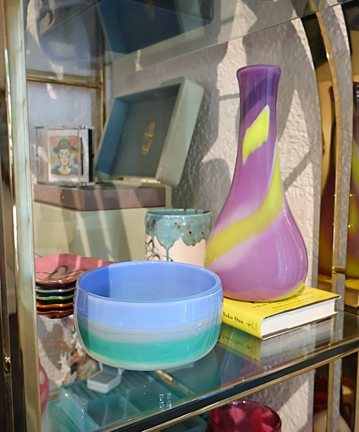 Lavender purple glass hand blown vase with yellow strokes by Paul Arnhold Tiny Gods