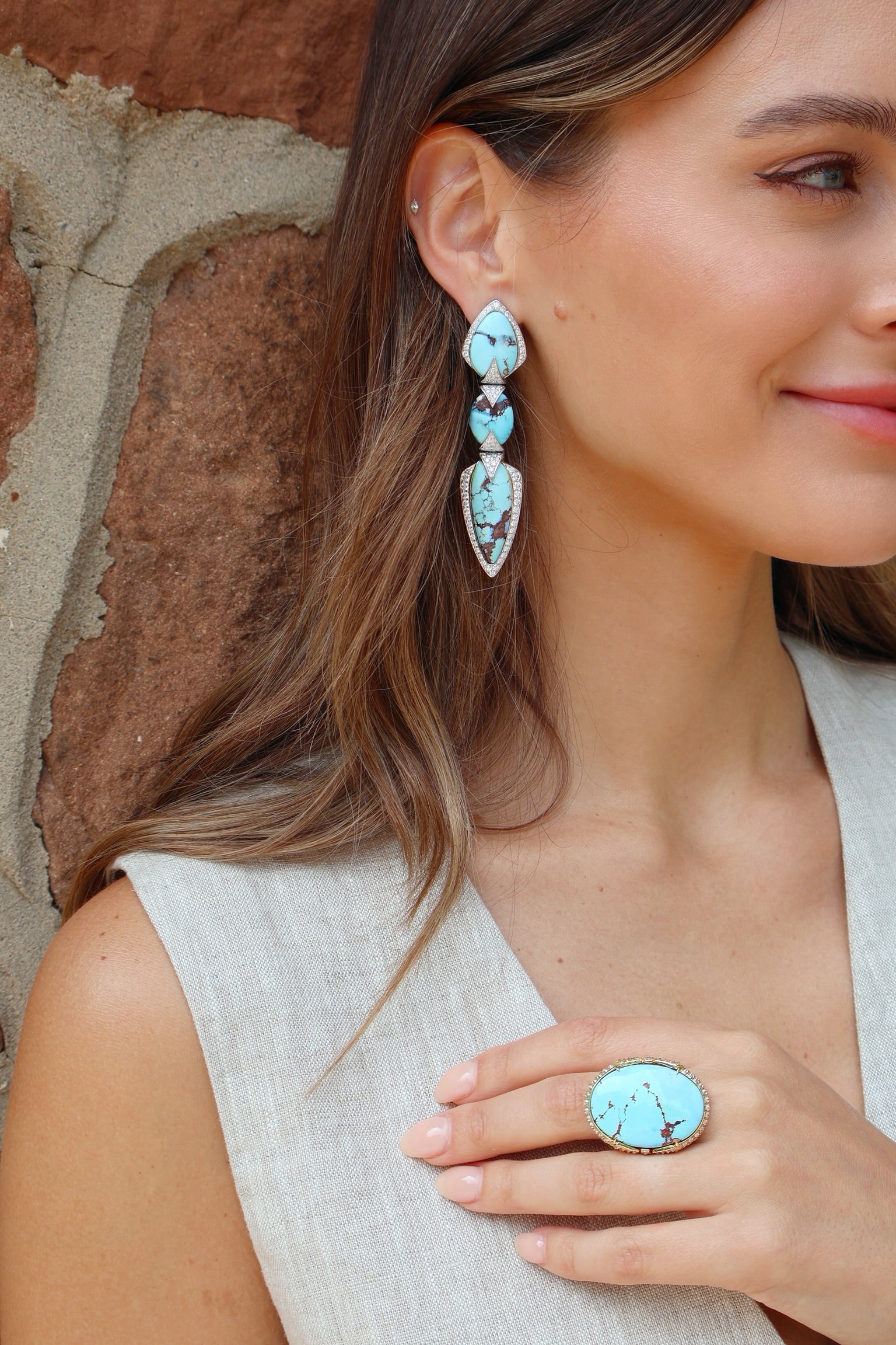 18k gold lavender turquoise blue tiered diamond earrings by Arunashi Tiny gods
