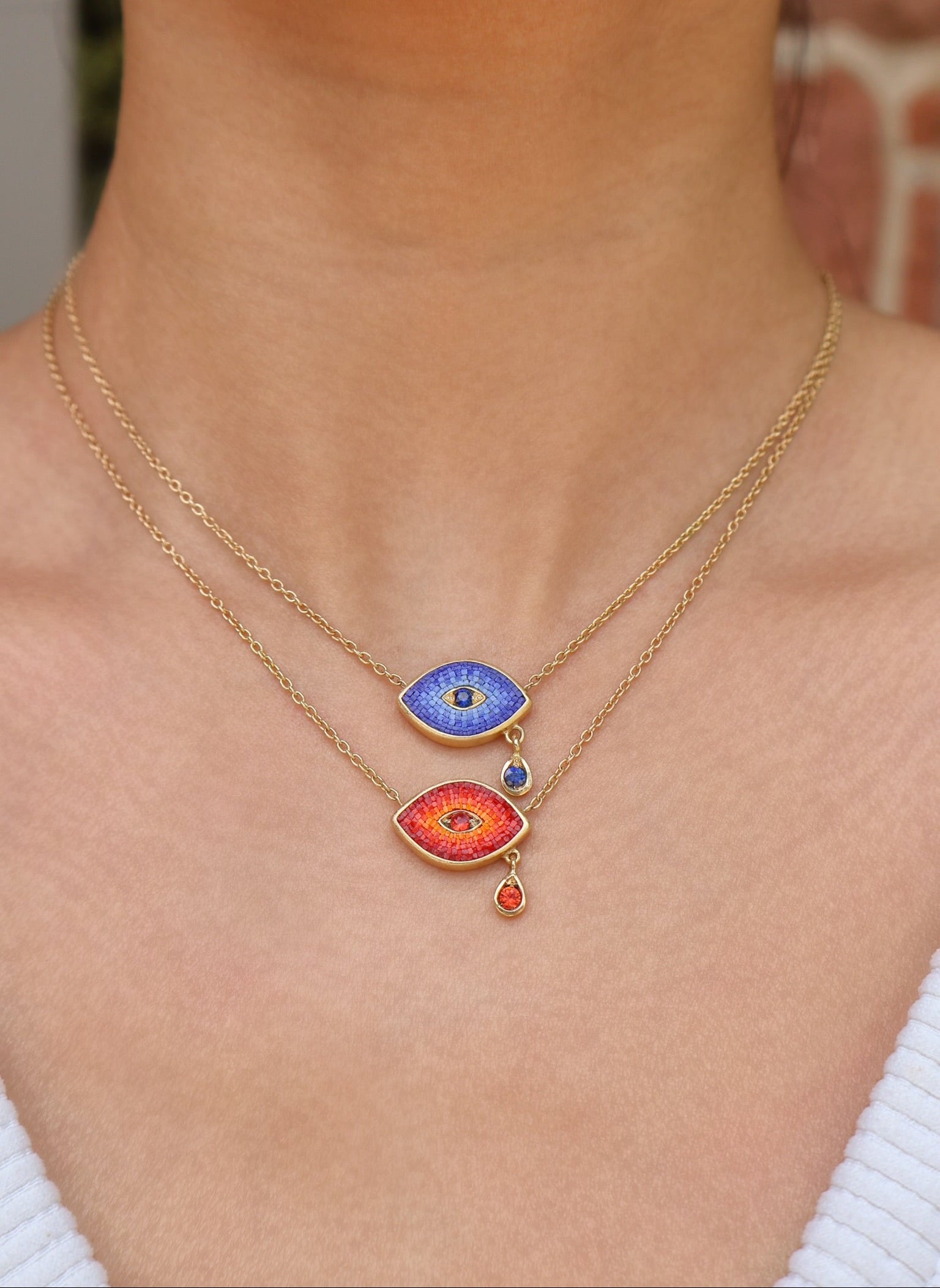 18k yellow gold blue ombre evil eye teardrop pendant necklace by Le Sibille Tiny Gods