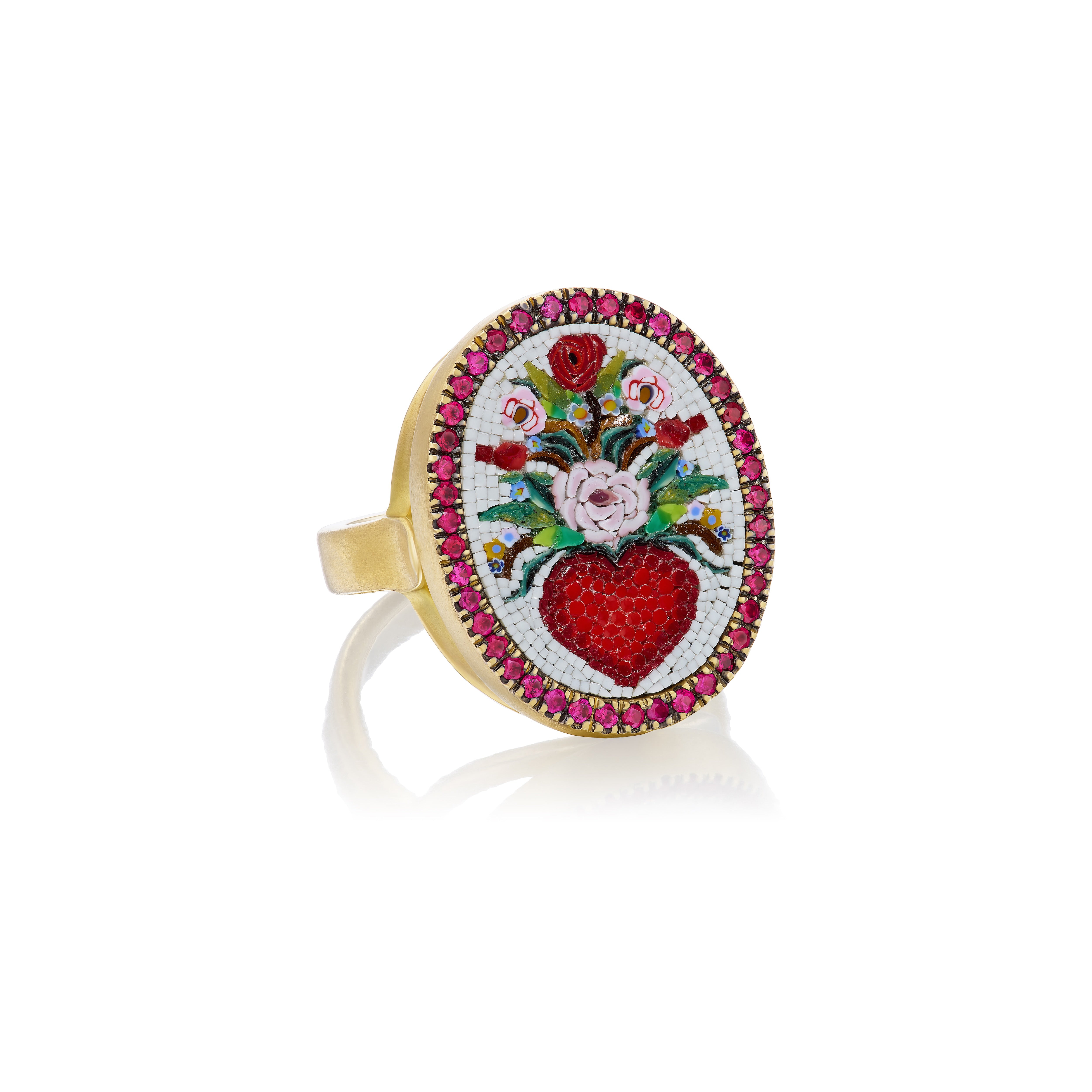 18k yellow gold ruby red heart and flower oval ring with micro mosaic by Le Sibille Tiny Gods