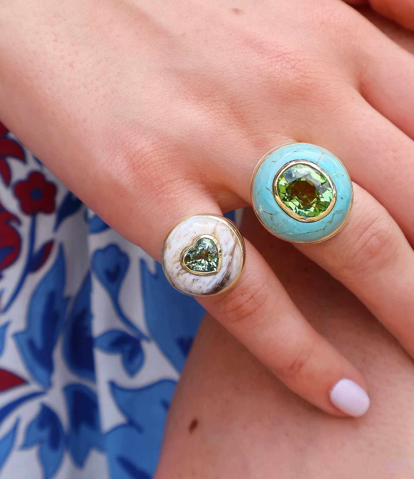 14k yellow gold Green Tourmaline & Agate Lollipop Ring by Retrouvai at tiny gods on model