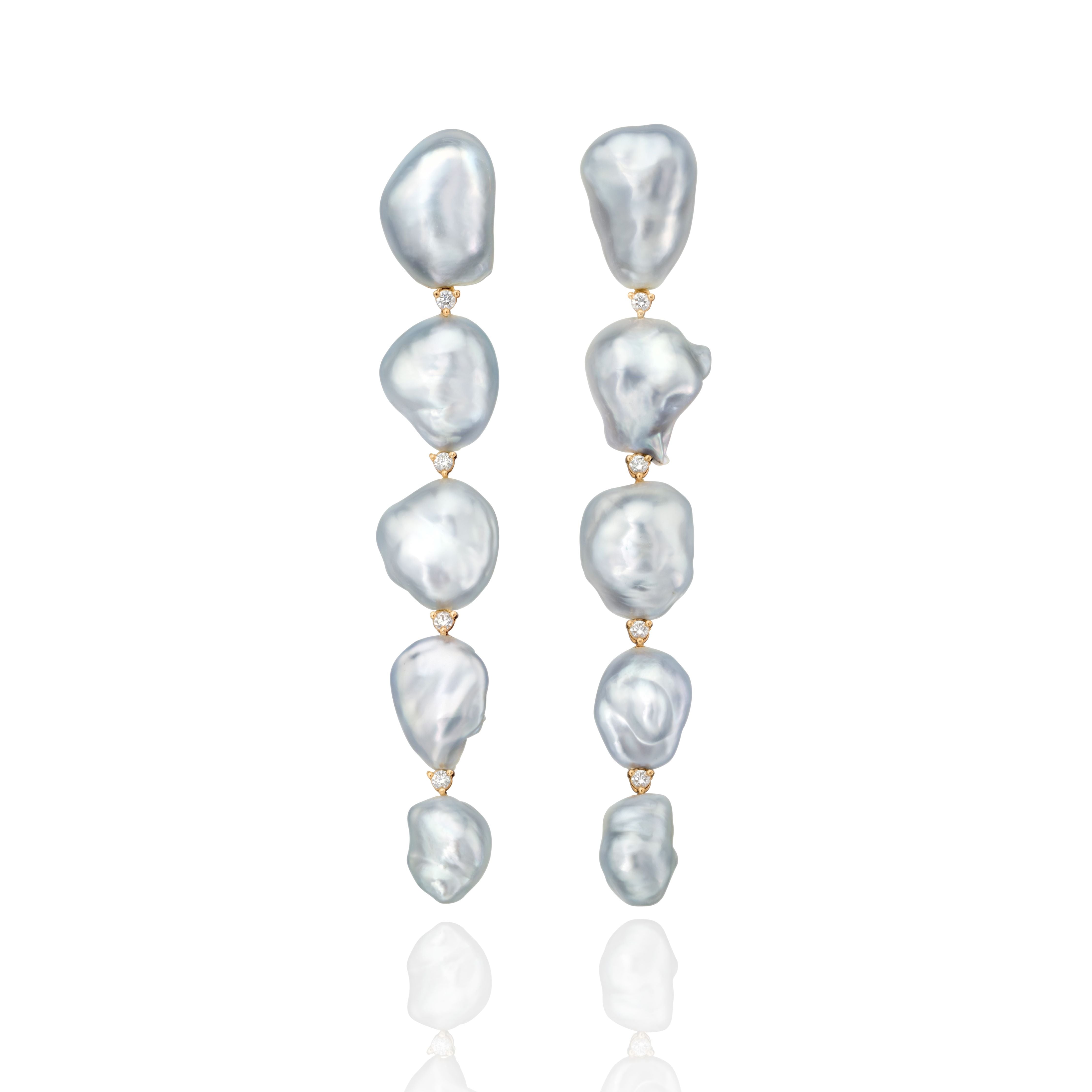 18k yellow gold long Keshi baroque pearl earrings with diamonds by Assael Tiny Gods