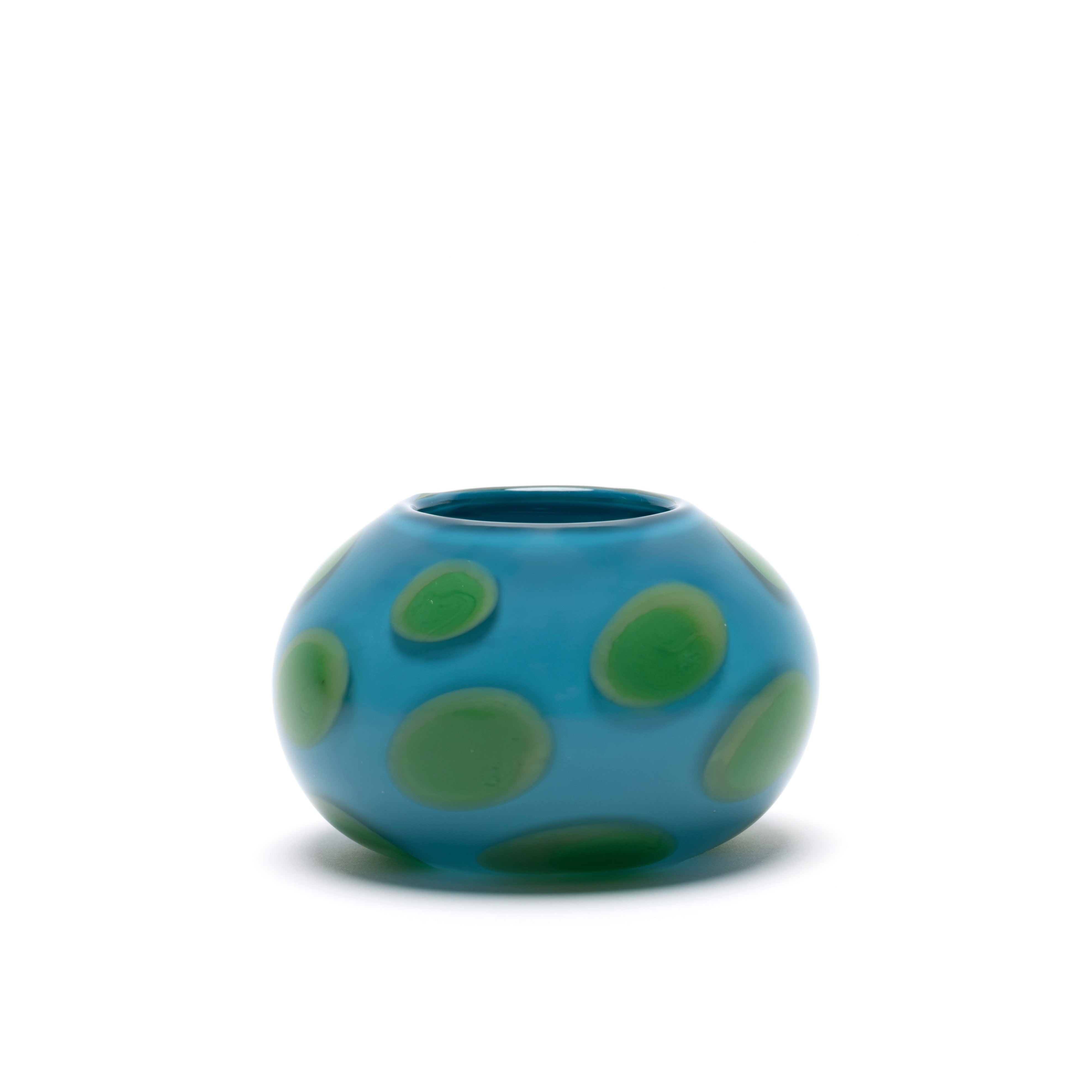 Low aqua vase with green spots hand blown by Paul Arnhold Tiny Gods