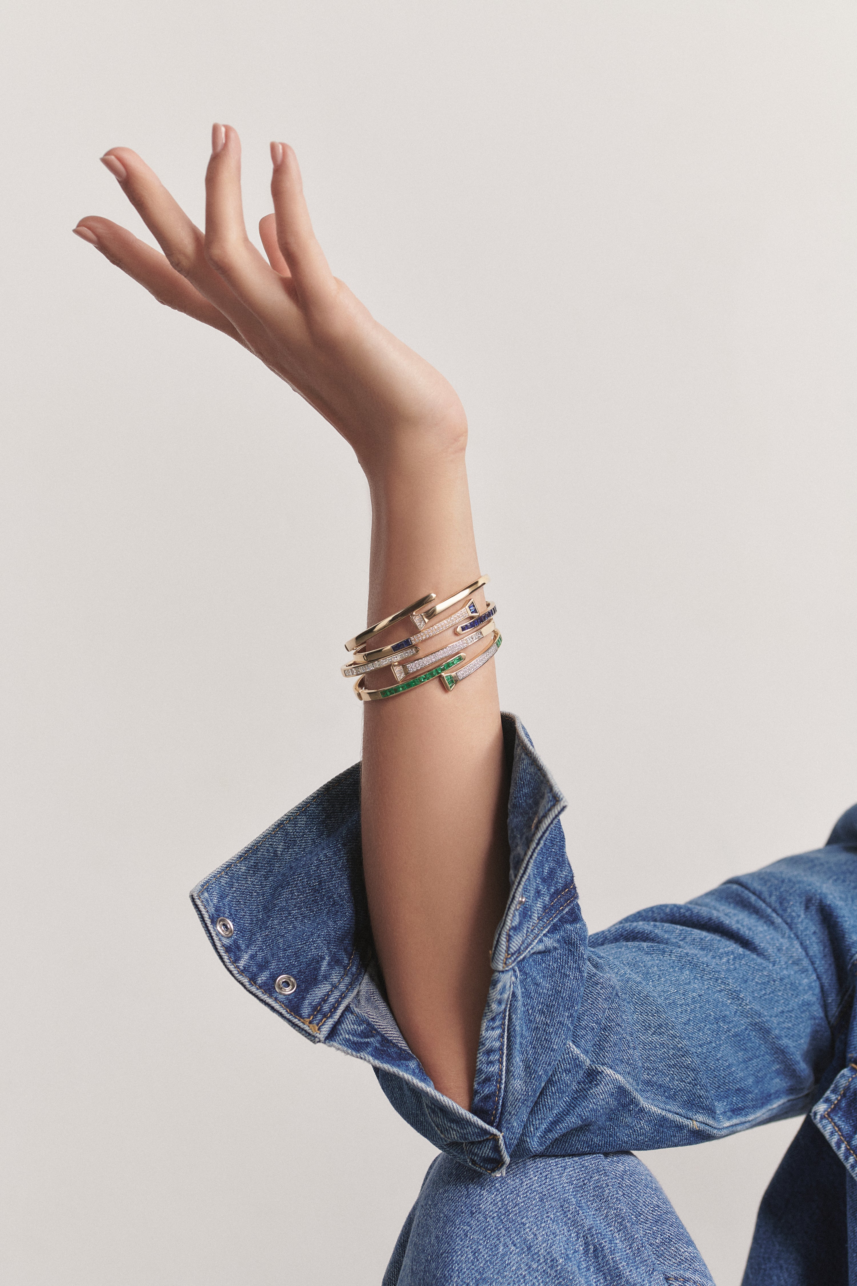 14k yellow gold the lucky one horseshoe nail blue sapphire and diamond bangle bracelet by Lucy Delius Tiny Gods