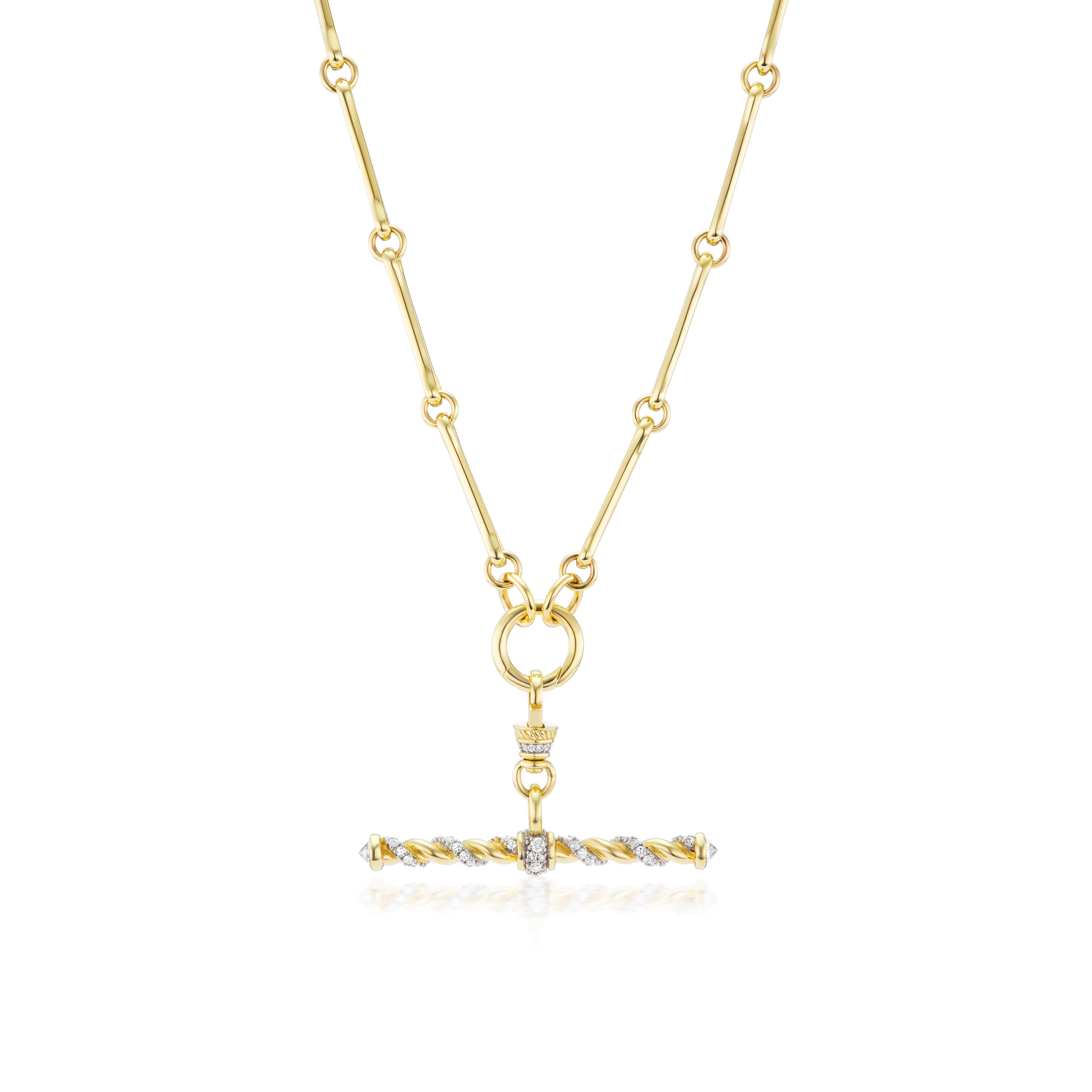 14k yellow gold diamond twisted rope t bar special Albert clip pendant with modern white rhodium finish by Lucy delius Tiny Gods