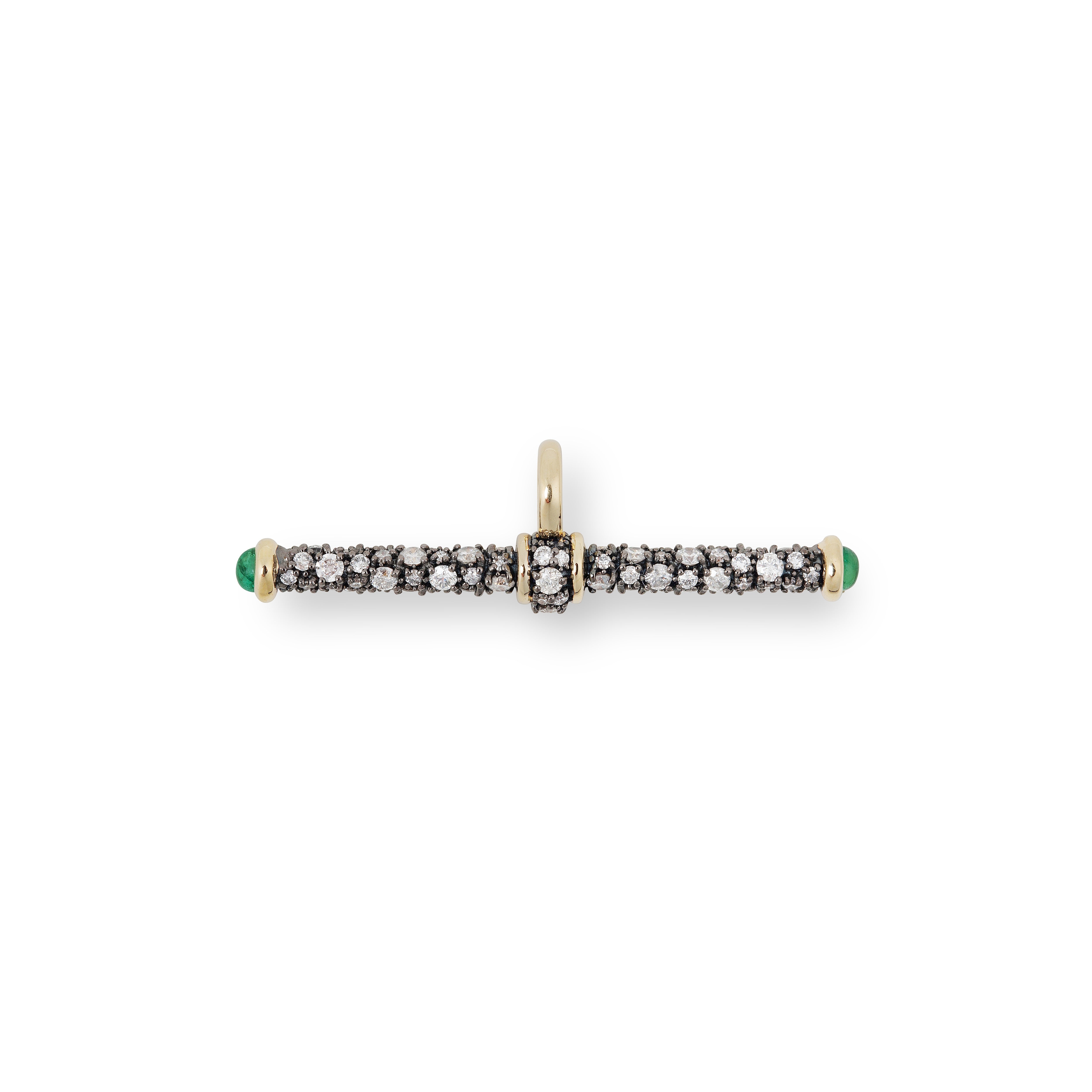14k yellow gold diamond t bar pendant with black rhodium and emerald ends by Lucy Delius Tiny Gods