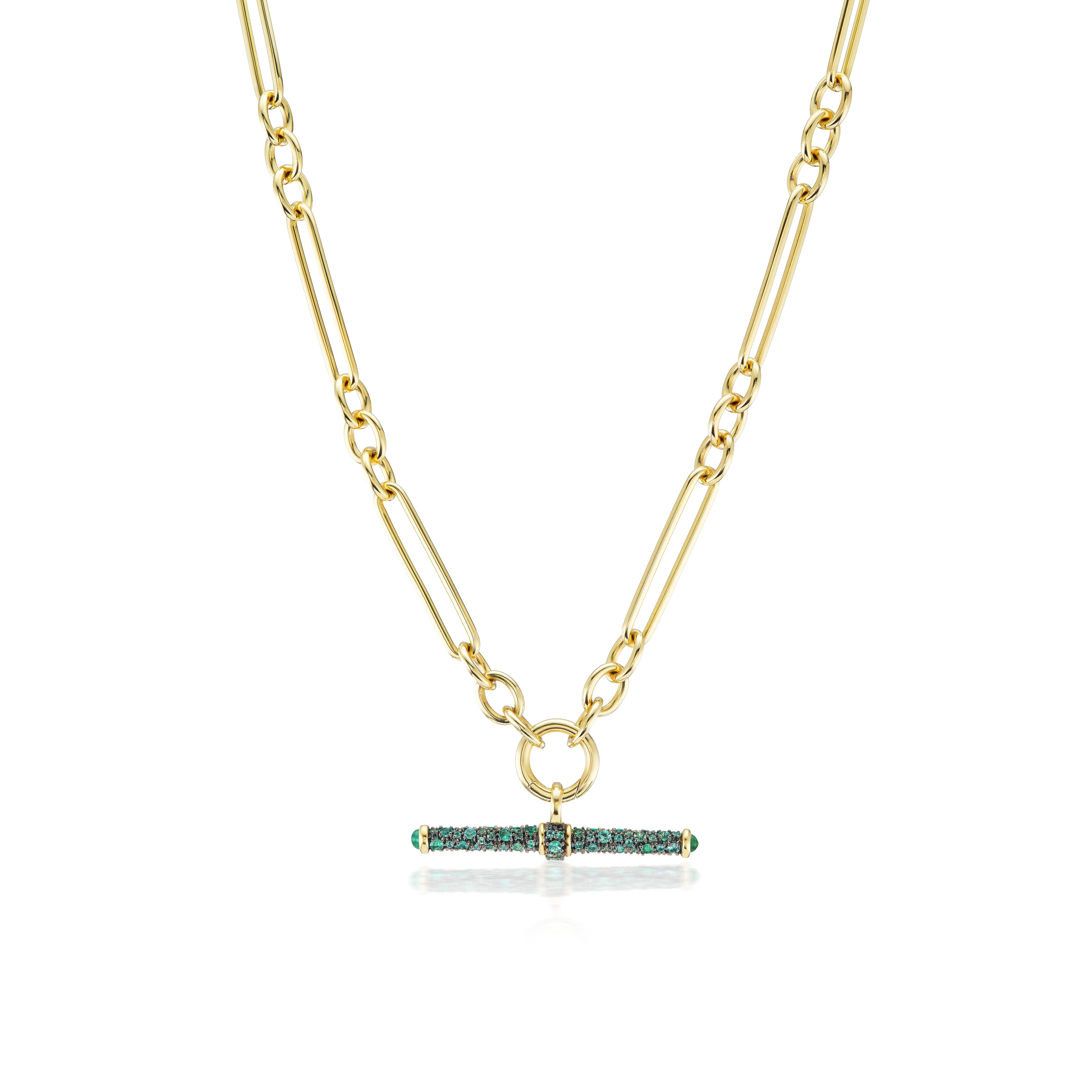 14k yellow rhodium gold emerald t bar charm fob pendant by Lucy Delius Tiny Gods on Trombone chain