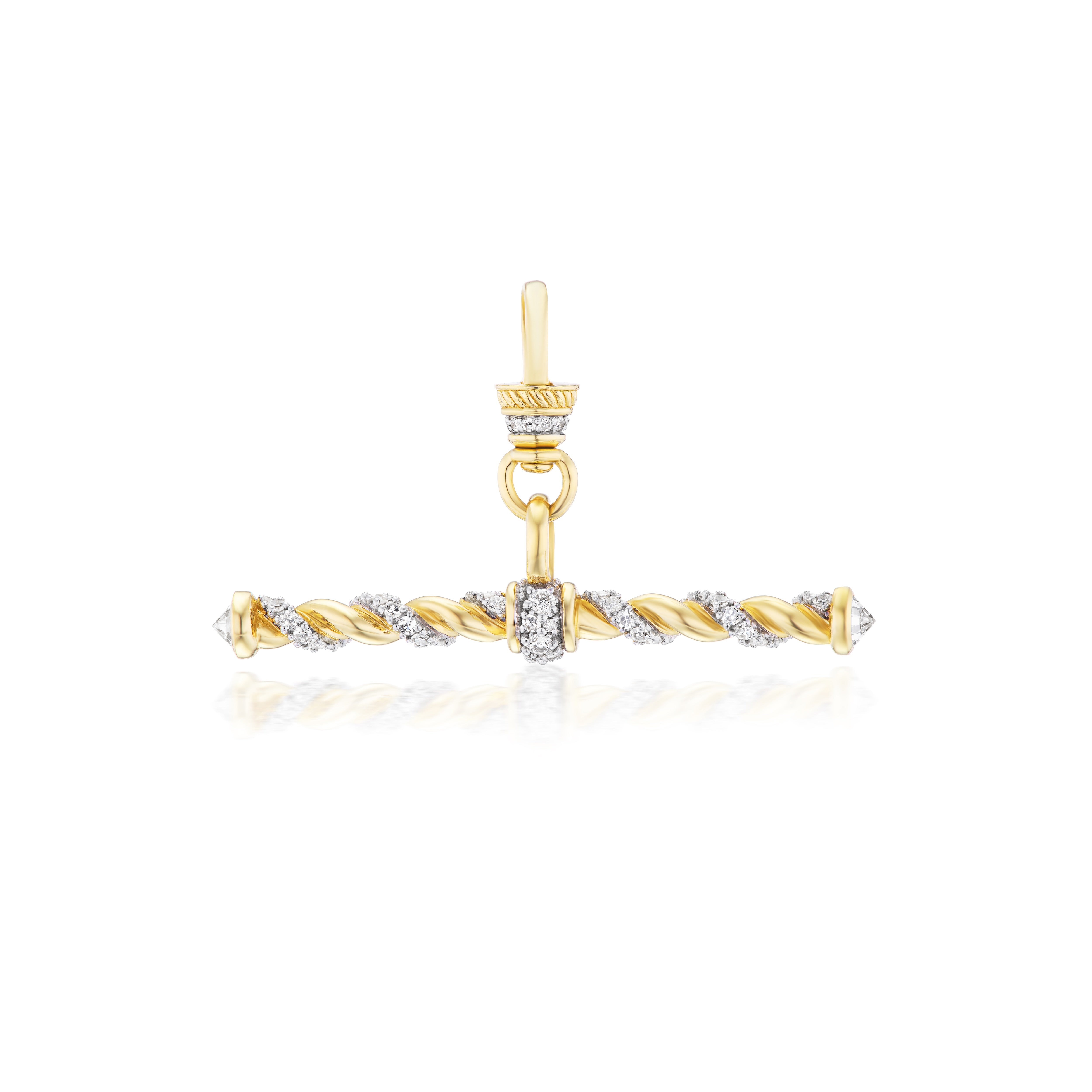 14k yellow gold diamond twisted rope t bar special Albert clip pendant with modern white rhodium finish by Lucy delius Tiny Gods