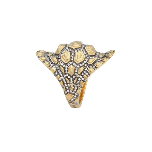 18k yellow gold diamond and black rhodium madagascar turtle tortoise shell ring by Venyx Tiny Gods
