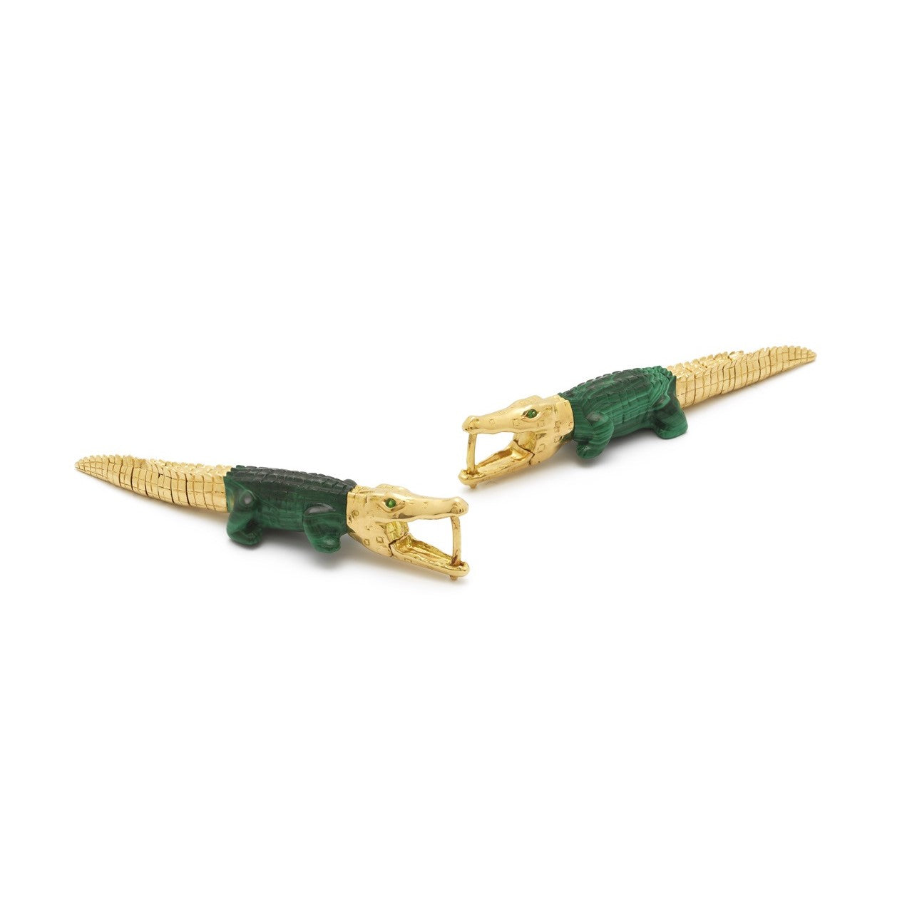 18k yellow gold malachite alligator bite earrings by Bibi van der veld pendant Tiny Gods