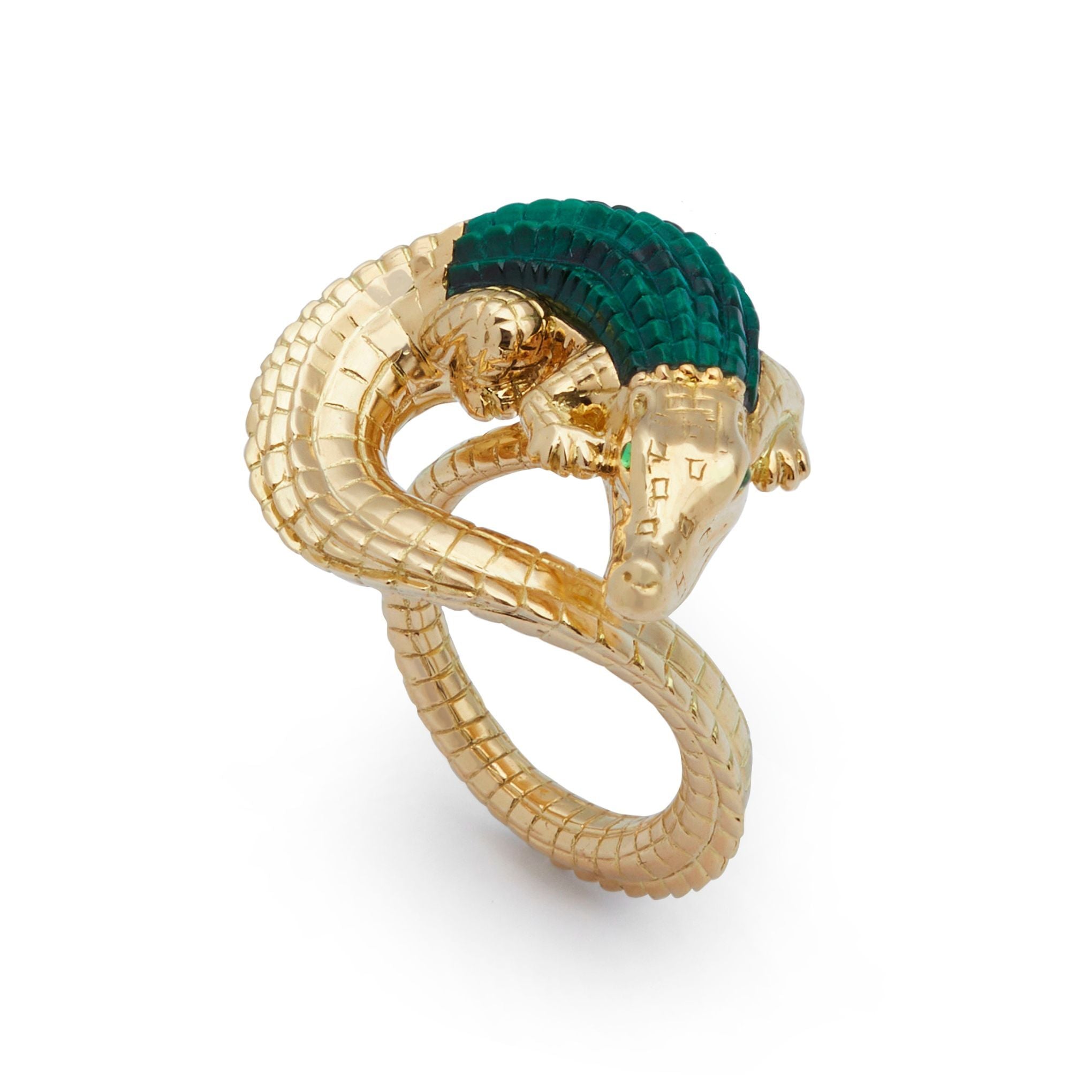 18k yellow gold alligator wrap ring with malachite inlay statement ring by Bibi van der Velden Tiny Gods
