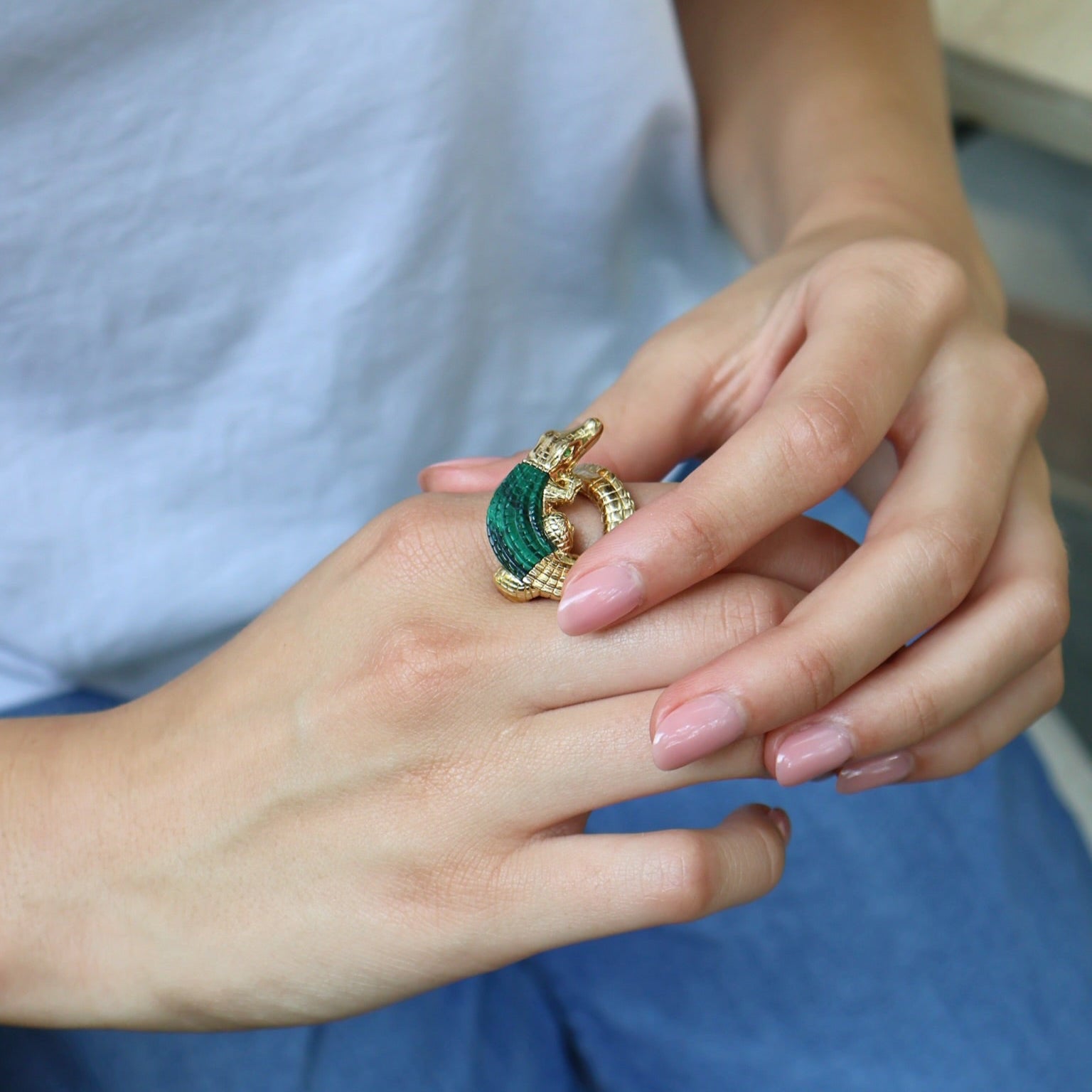 18k yellow gold alligator wrap ring with malachite inlay statement ring by Bibi van der Velden Tiny Gods