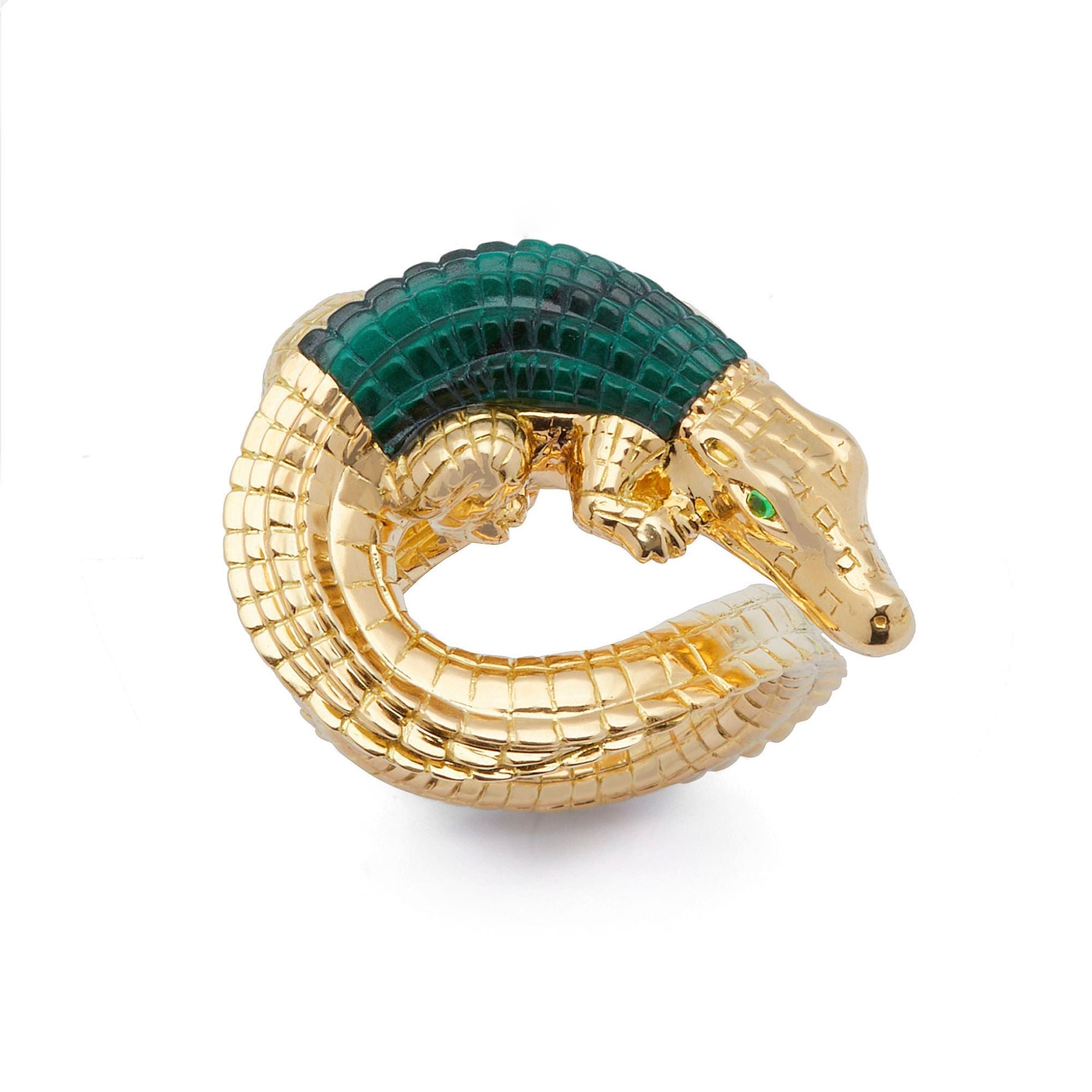 18k yellow gold alligator wrap ring with malachite inlay statement ring by Bibi van der Velden Tiny Gods