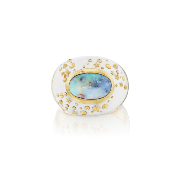 18k yellow gold mammoth and opal ring with stars by Bibi Van Der Velden Tiny Gods