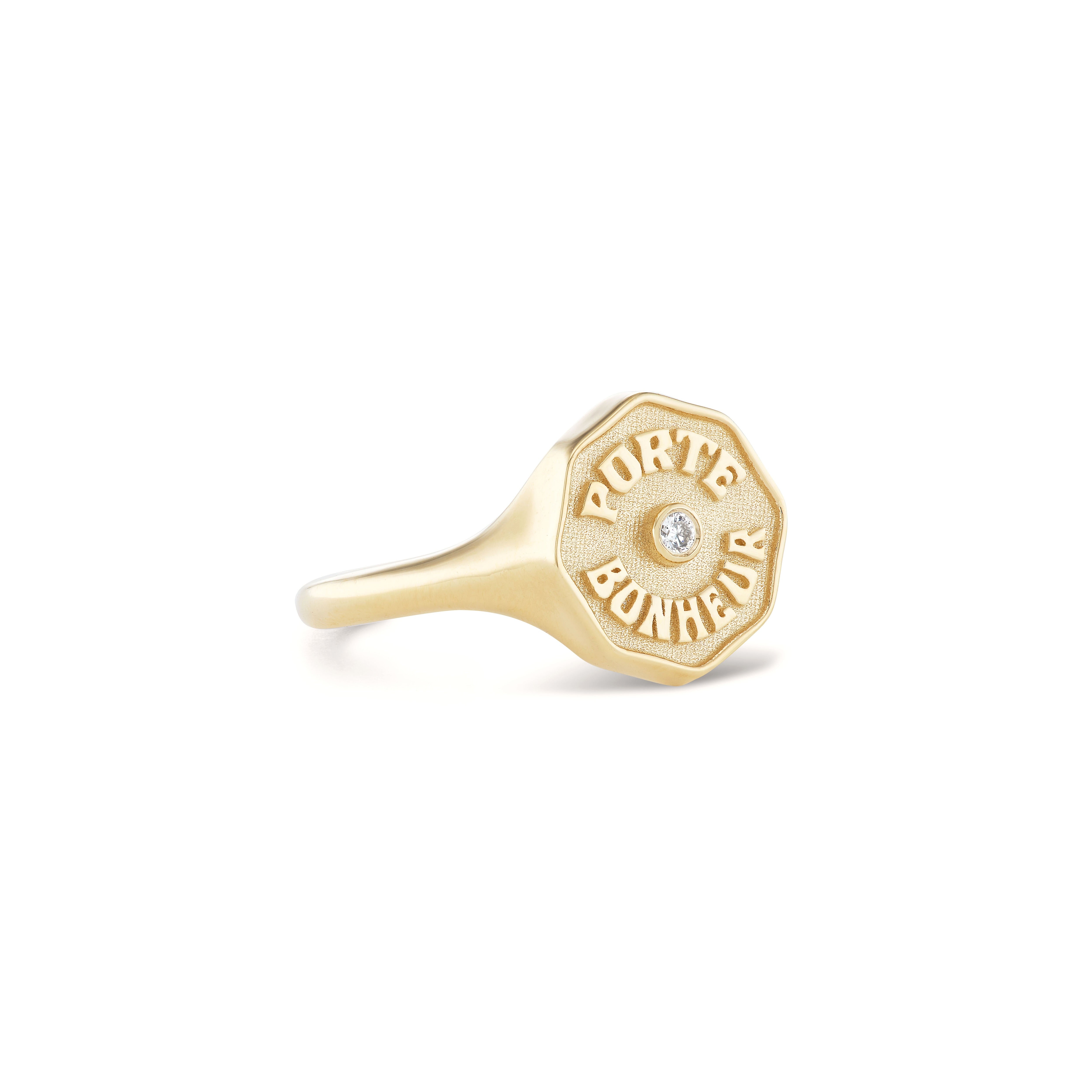 14k yellow gold wee porte bonheur signet diamond ring by Marlo Laz Tiny Gods