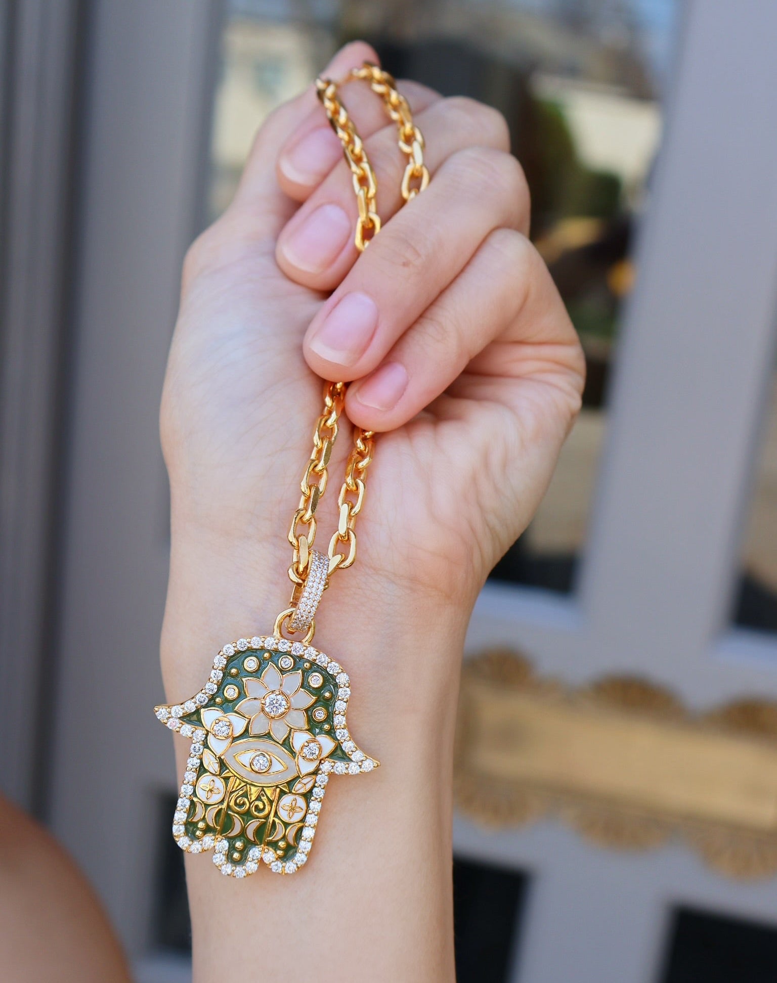 20k yellow gold medium army green hamsa pendant by Buddha Mama Tiny Gods