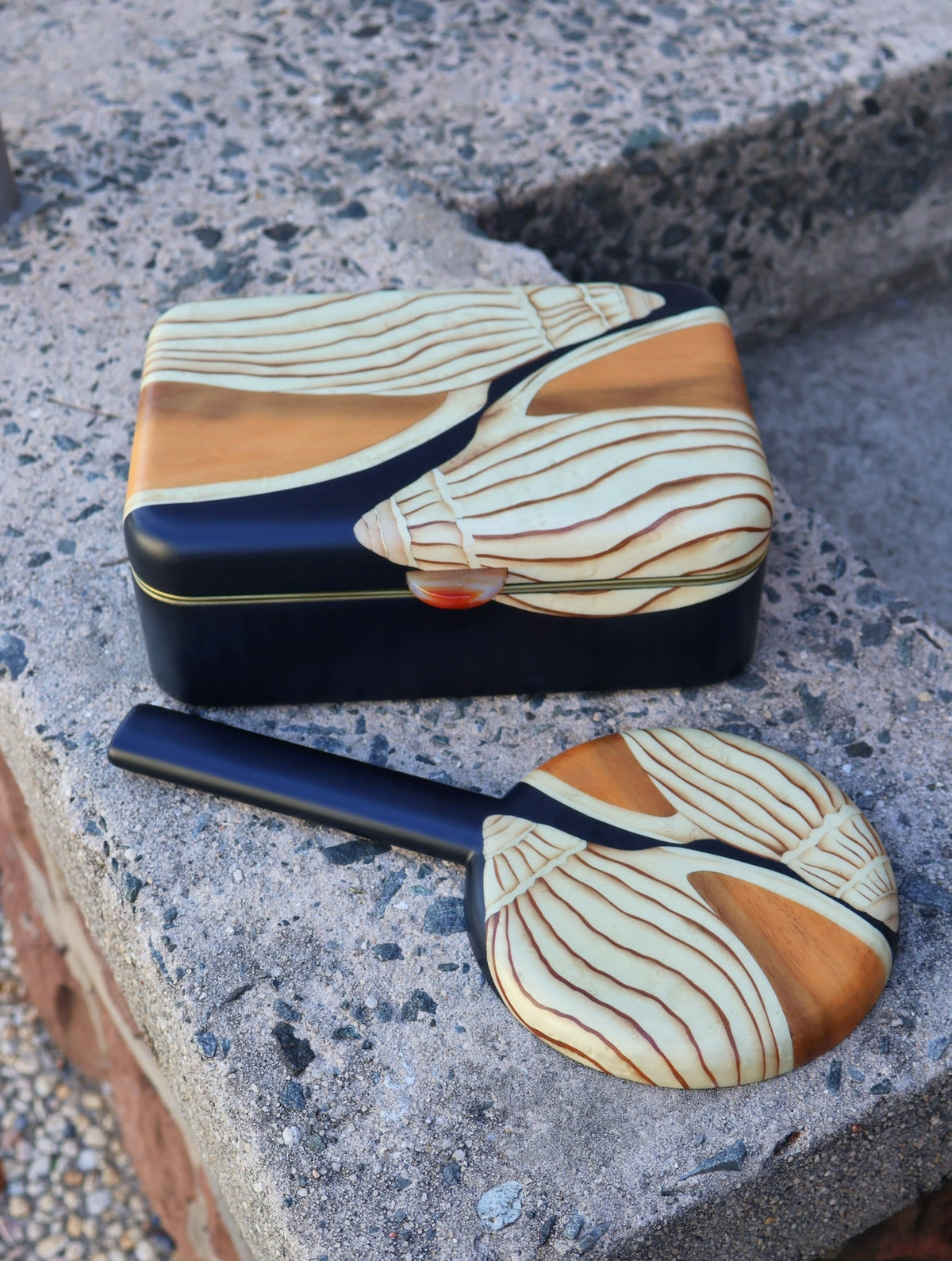 Medium dark black orange seashell shell jewelry box marquetry wood by silvia furmanovich Tiny Gods